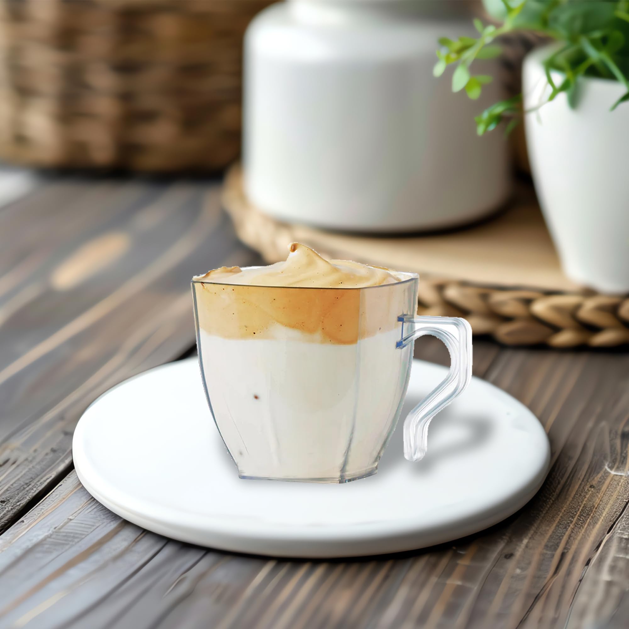 192 Pack Smarty Had A Party 8 oz Clear Disposable Plastic Coffee Cups with Handles - Elegant Drinkware for Hot Beverages, Tea, Cappuccino - Perfect for Parties, Cafes, Offices & Events