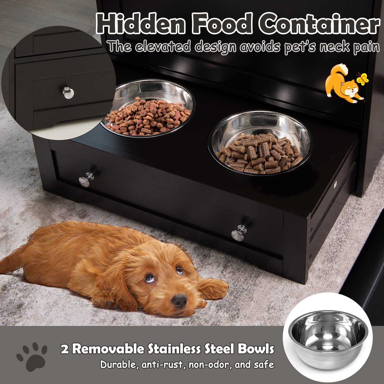 PETSITE Large Pet Feeder Station - Dog Food Storage Cabinet with Stainless Steel Double Pull-Out Raised Bowls for Feeding & Watering Supplies, Pet Toy Organizer (Brown) - Perfect for Kitchen, Laundry Room or Garage Pet Feeding Station