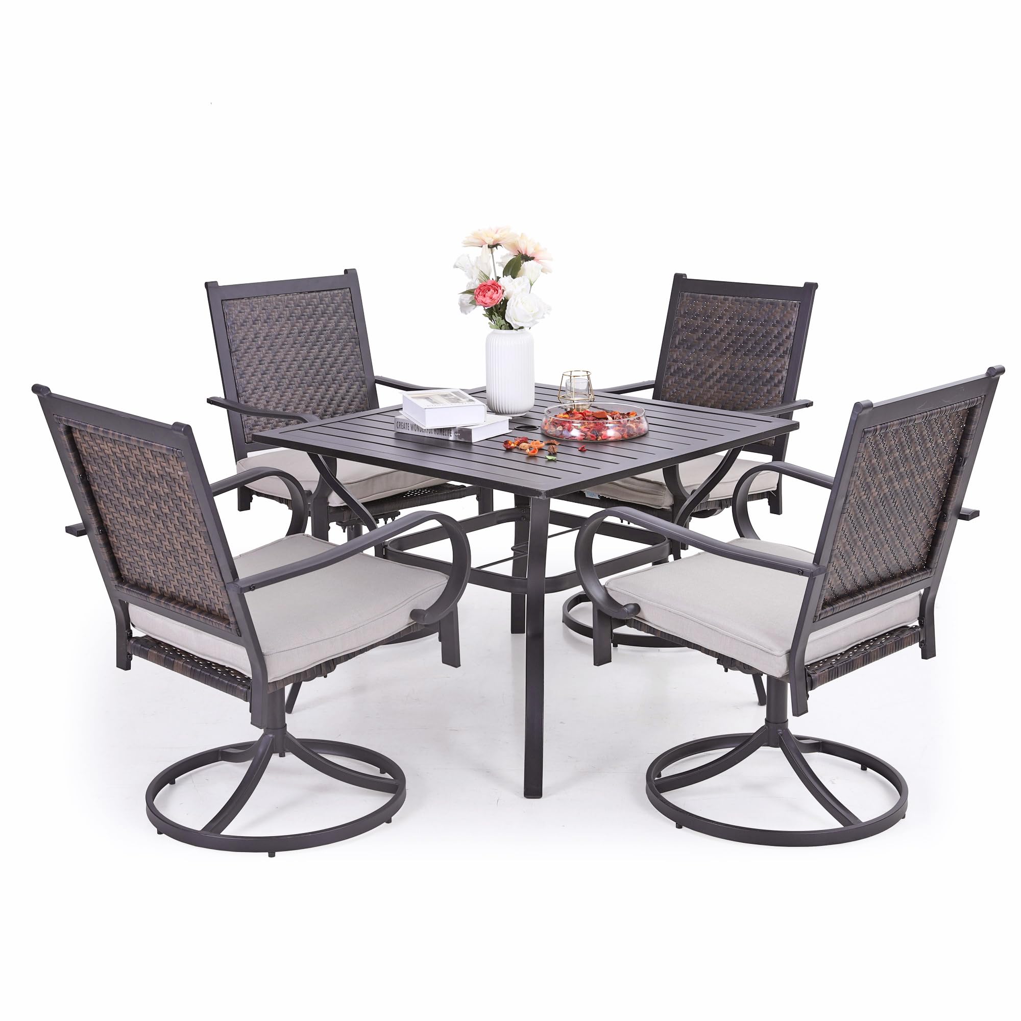 Sophia & William 5-Piece Patio Dining Set - Weather-Resistant Wicker Rattan Furniture with 4 Swivel Chairs & Cushions + 1 Metal Umbrella Table - Perfect for Outdoor Dining in Garden, Backyard, Lawn or Poolside