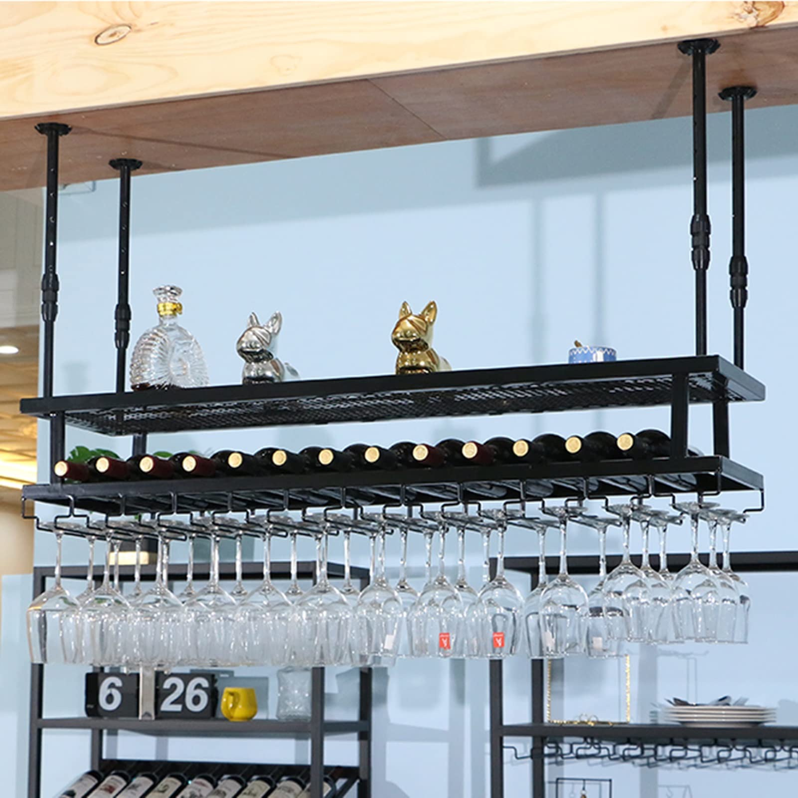 Adjustable Ceiling Hanging Wine Rack & Glass Holder - 80x30cm Multi-Purpose Storage Shelf for Wine Bottles, Plants & Stemware | Perfect for Home Bars, Kitchen Decor & Space-Saving Organization