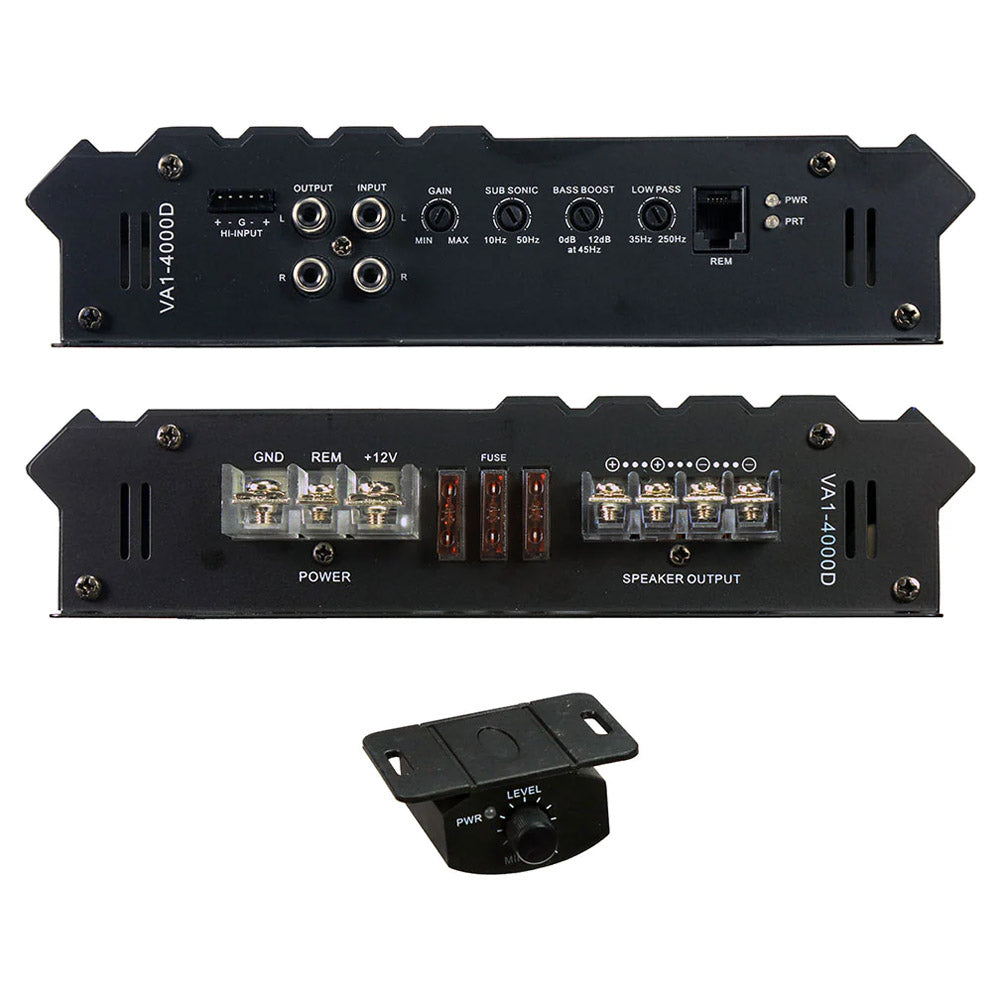 Power Acoustik VA1 4000D Class D 4000W Monoblock Car Amplifier with Bass Remote - High Power Audio for Car Stereo & Subwoofer Systems
