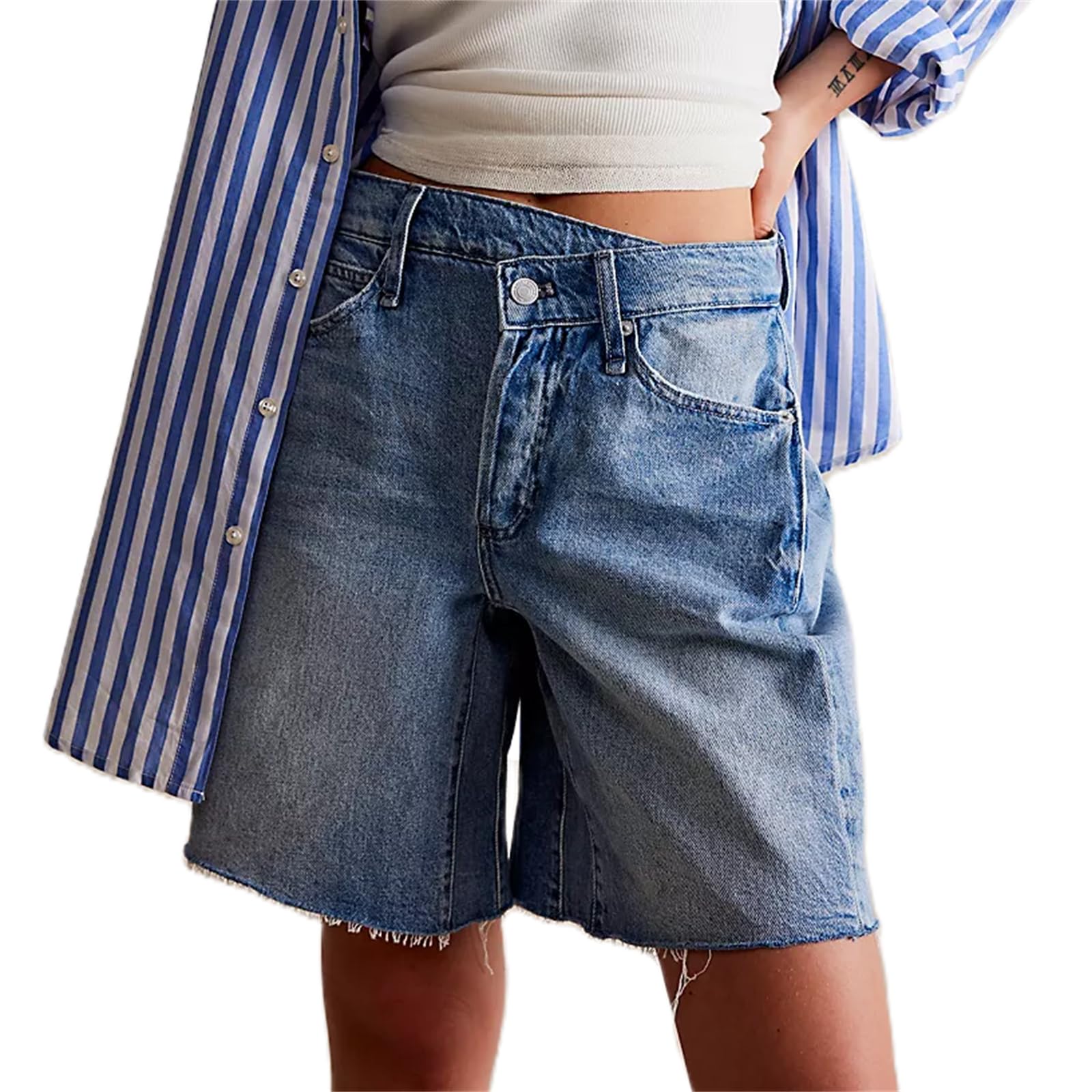Women's High Waisted Long Jean Shorts - Straight Leg Frayed Raw Hem Denim Shorts | Y2K Summer Jorts for Casual Outfits, Beach Vacations & Street Style Fashion