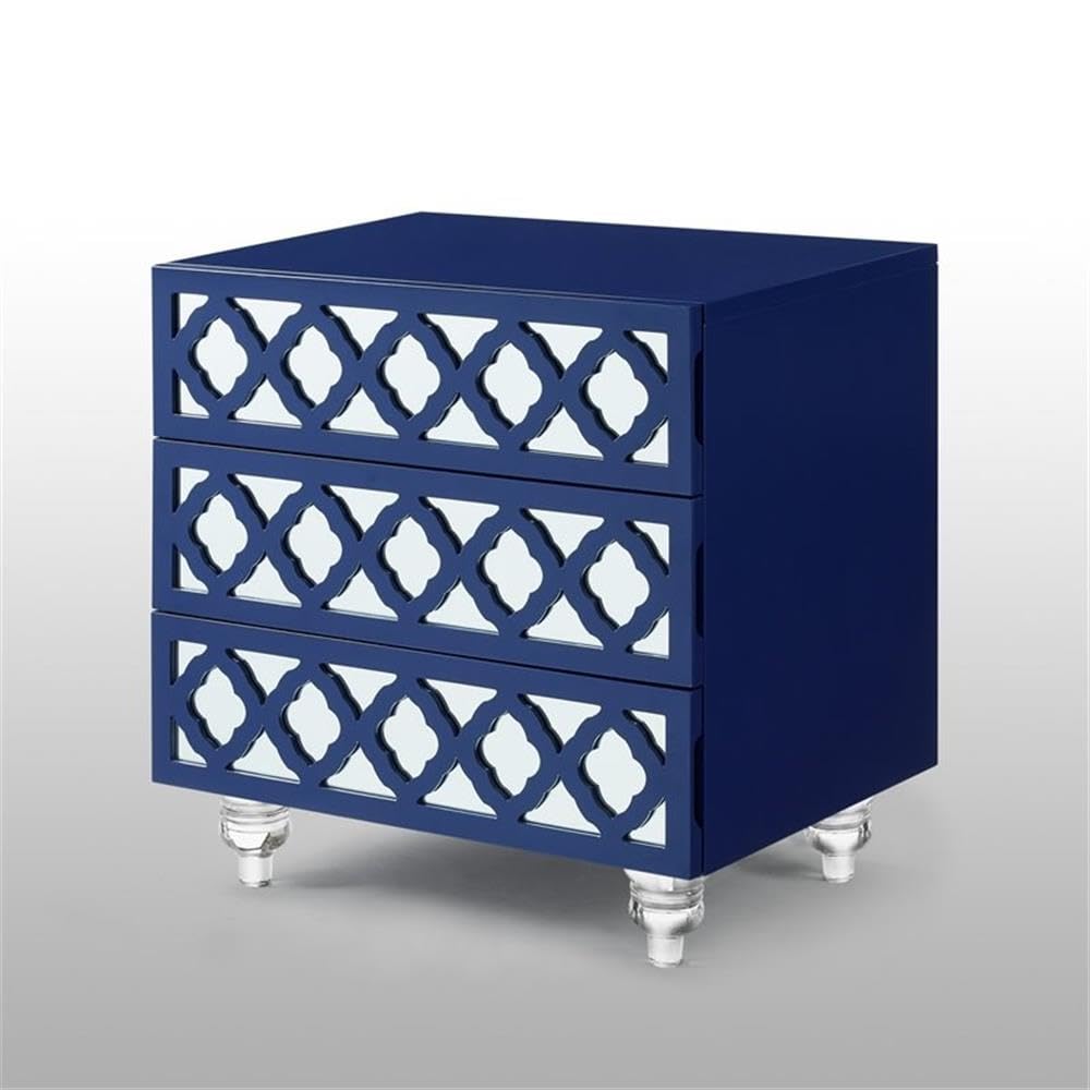Serenity 3-Drawer Mirrored Nightstand with Trellis Pattern - Navy Blue Bedside Table for Bedroom Decor & Storage | Perfect for Modern, Glam, or Coastal Style Bedrooms
