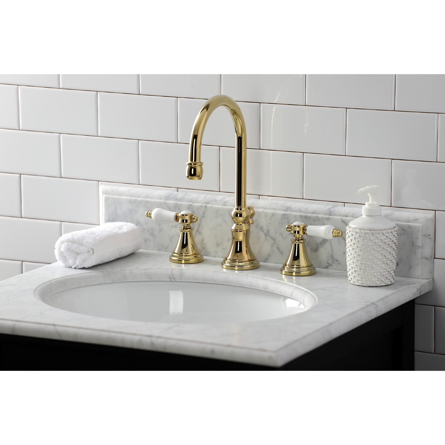 Bel Air KS2982BPL 3-Hole Widespread Bathroom Faucet - Two Handle Deck Mount with Brass Pop-Up Drain, Polished Brass Finish - Perfect for Modern Bathroom Vanities and Sink Upgrades
