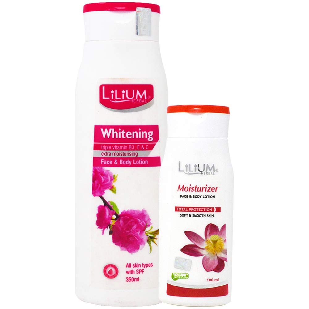 Lilium Herbal Whitening & Moisturizing Face & Body Lotion - 350ml + 100ml (Pack of 2) - Brightens Skin & Deep Hydration for Daily Skincare Routine