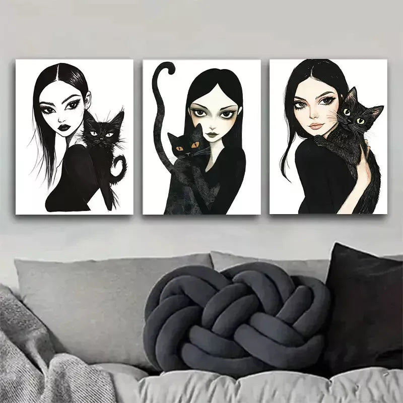 3-Piece Gothic Style Girl and Black Cat Triptych Wall Art Set - Framed Canvas 40x60cm - High Quality Print - 100% Australian Made - Ready to Hang - Perfect for Living Room, Bedroom & Gothic Home Decor