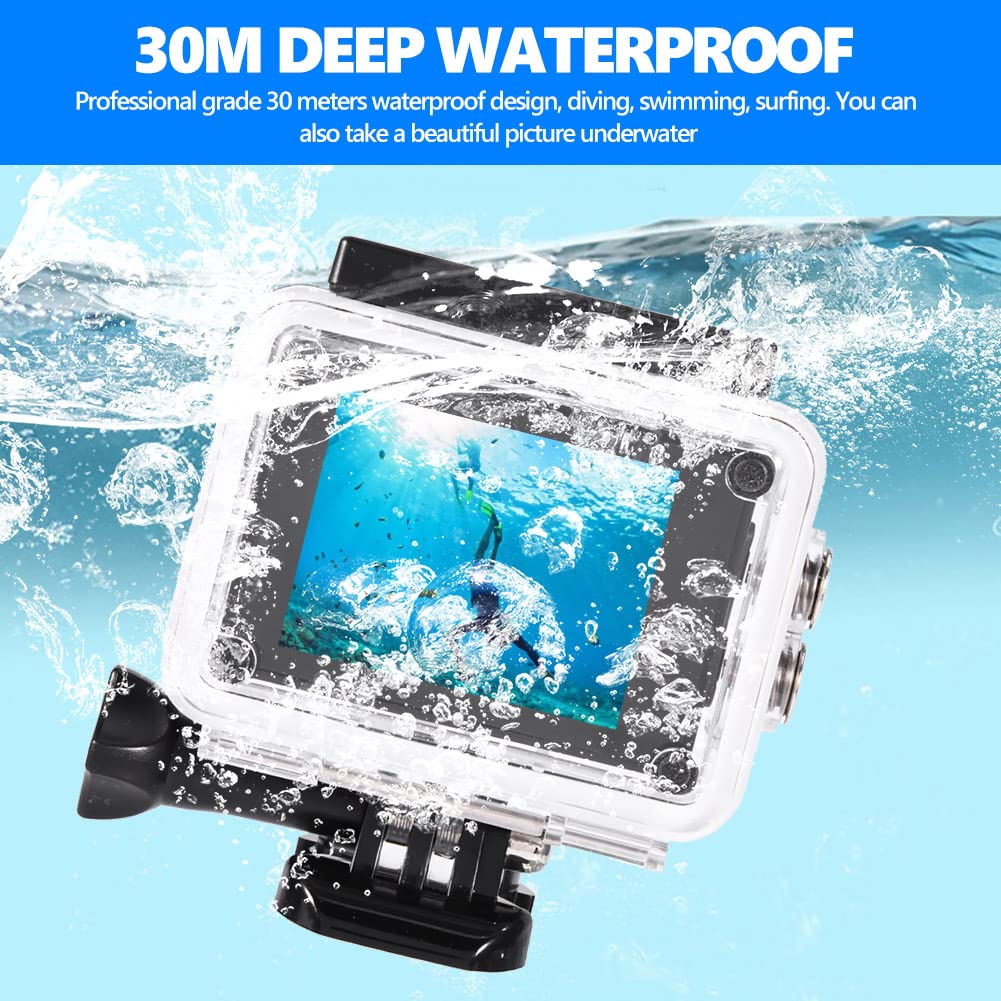 Topiky 4K Waterproof Action Camera - 30m Underwater, 1080P Full HD LCD, 900mAh Rechargeable Battery with Mounting Accessories Kit (Black) - Perfect for Outdoor Sports, Diving, Surfing, Hiking & Vlogging