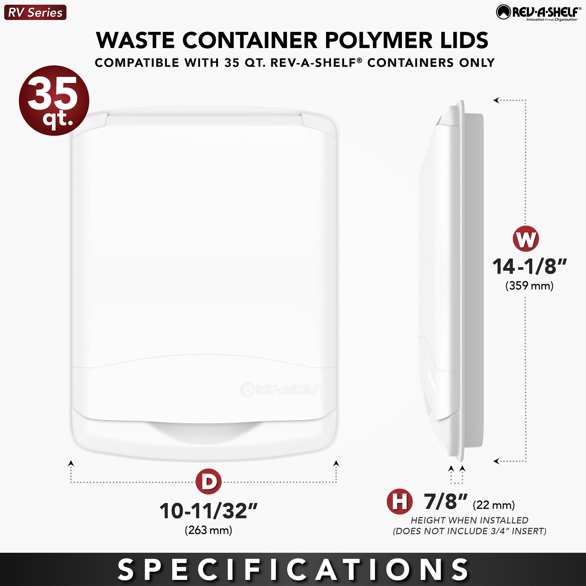 Rev-A-Shelf 35 Qt Under Sink Trash Can Lid - White Replacement Plastic Garbage Bin Cover for Kitchen & Bathroom Cabinets (RV-35-LID-1) | Perfect for RV, Camper & Small Space Organization