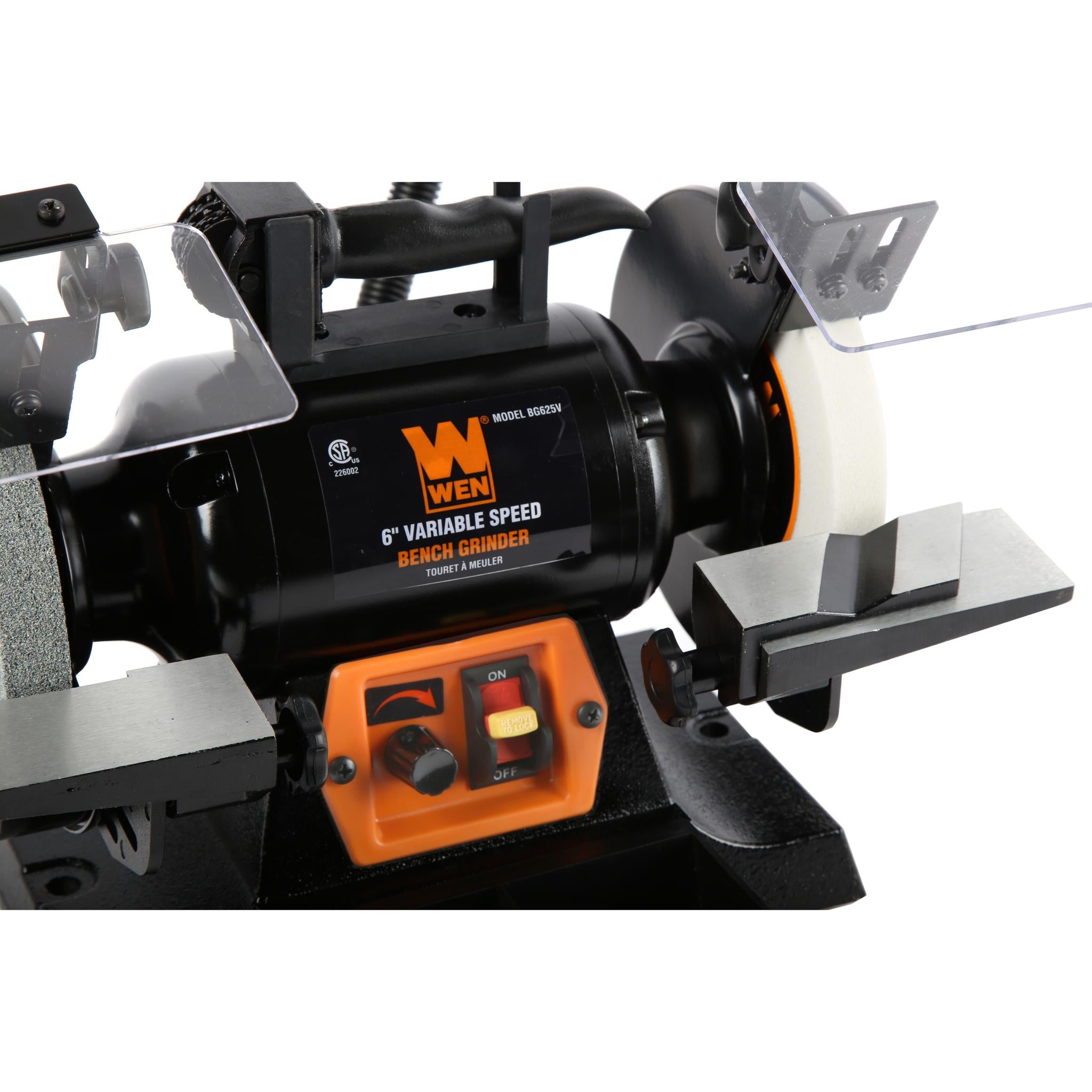 WEN BG625V 2.5 Amp 6 Inch Variable Speed Bench Grinder with Flexible Work Light - Perfect for Metalworking, Woodworking & DIY Projects in Home Workshops
