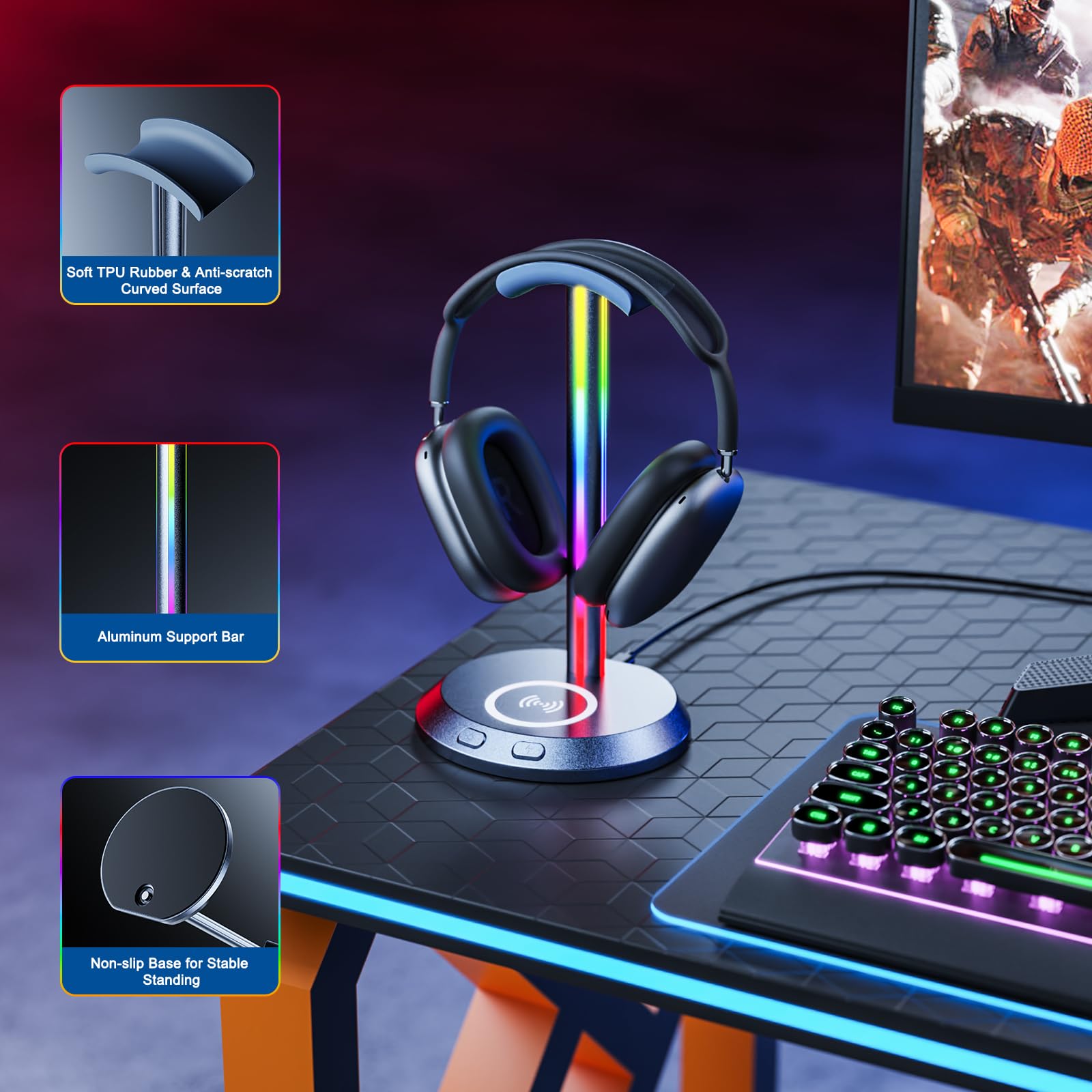 Premium RGB Gaming Headphone Stand with 15W Fast Wireless Charger & 3-Port Hub (2 USB-C + 1 USB) - Weighted Non-Slip Base for All Headsets - Perfect for Gaming Setup & Office Desk Organization
