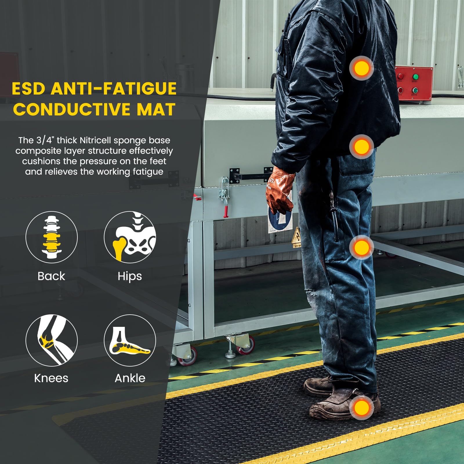 3' x 5' ESD Anti-Fatigue Conductive Mat - Heavy Duty Diamond Plate Floor Mat with Soft Sponge & Non-Slip Surface, 3/4