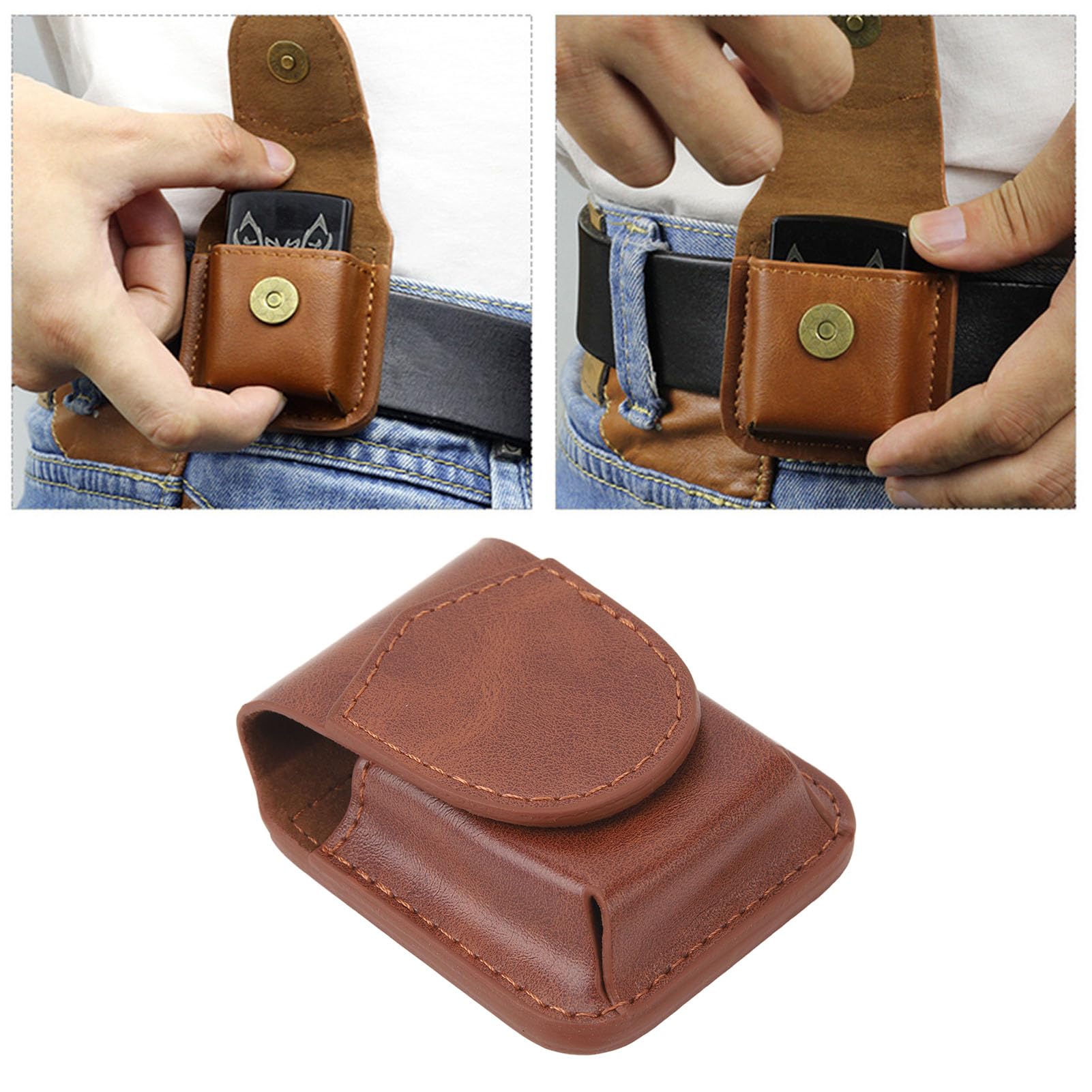 Handmade Flip Top Leather Lighter Pouch Case - Tactical Lighter Storage Organizer with Magnetic Buckle & Soft Lining - Anti-Scratch Waist Case for Outdoor, Camping, Hiking & EDC (Brown)