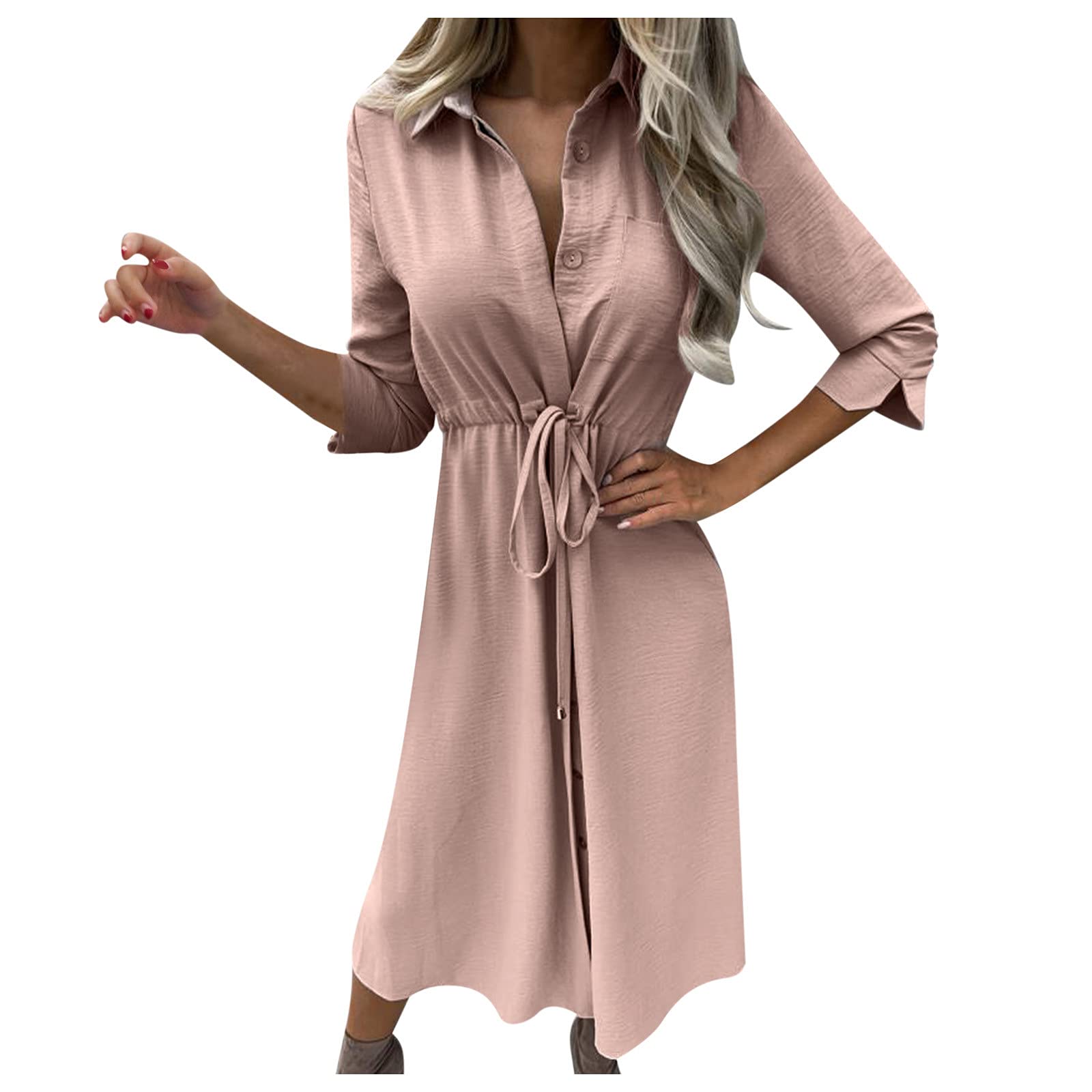 Women's Casual Button Down Dress with Turn-Down Collar & Lace-Up Waist - Pure Color Half Sleeve Fashion Dress for Evening Out, Party, Date Night & Office Wear