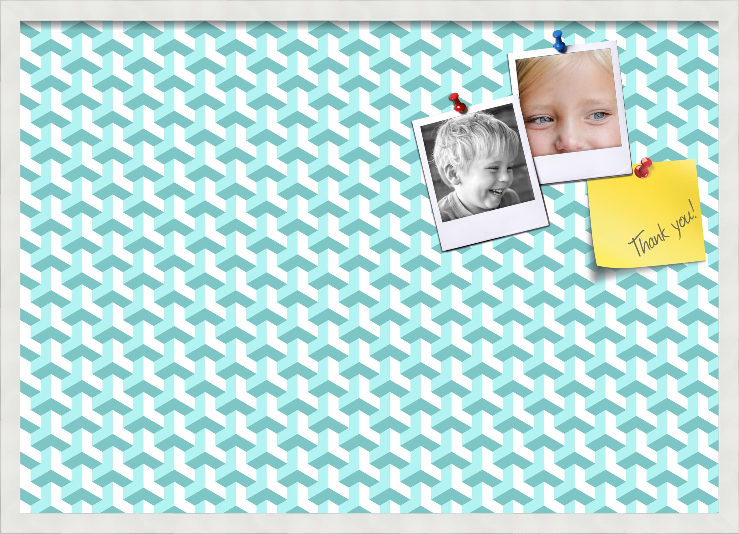 PinPix 34x24 Inch Cork Bulletin Board with BAUS Aqua Design & Satin White Frame - Decorative Wall Pin Board for Home Office Decor, School Classroom, Dorm Room & Workspace Organization