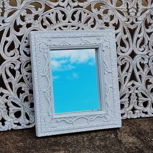 Hand Carved Indian Solid Wood Wall Mirror with Floral Pattern - White Wash Finish - 22x26 Inches - Boho Home Decor for Living Room, Bedroom & Entryway
