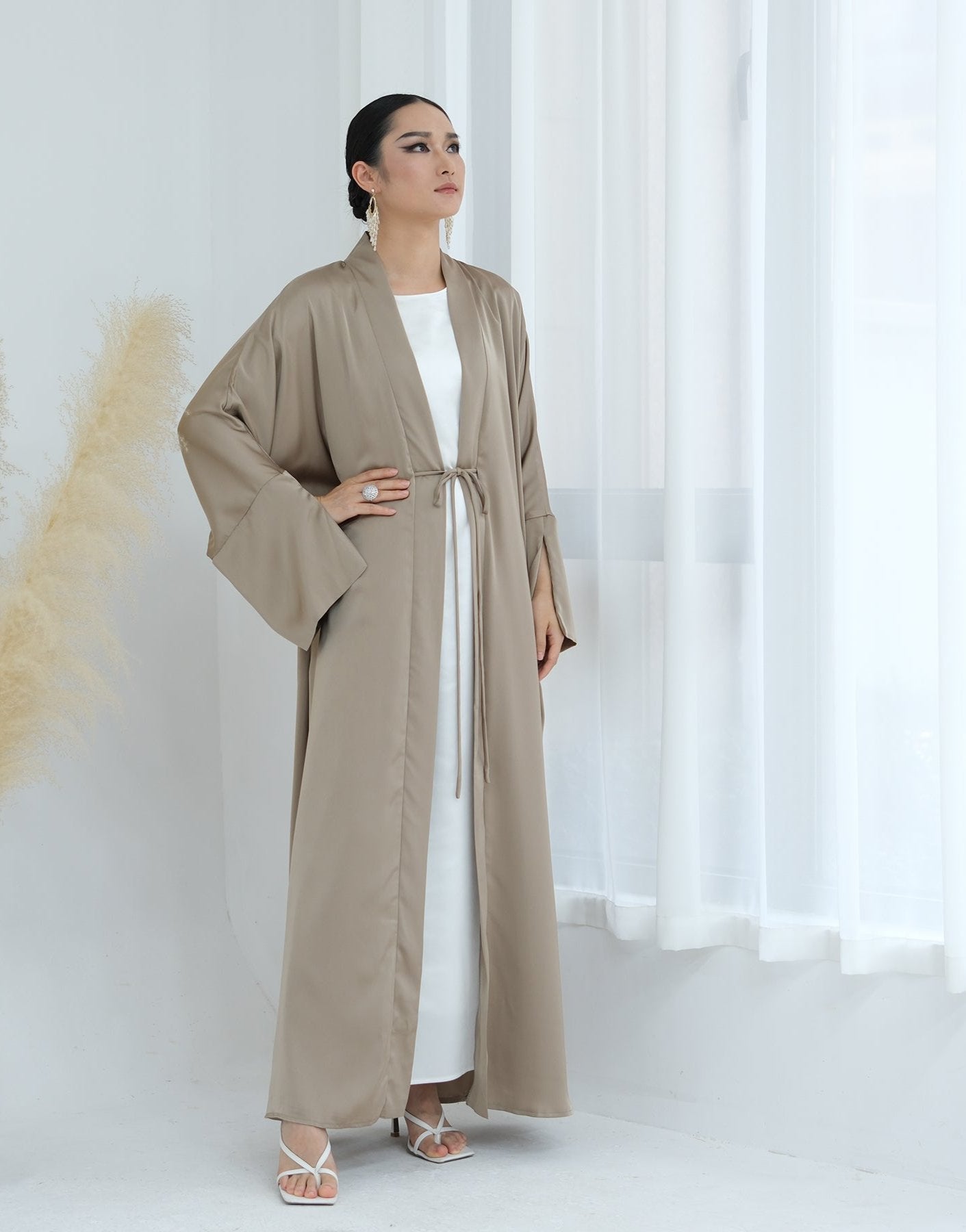 Lavinia Satin Open Abaya Champagne - Elegant Muslim Prayer Dress for Women | Perfect for Eid, Ramadan & Special Occasions