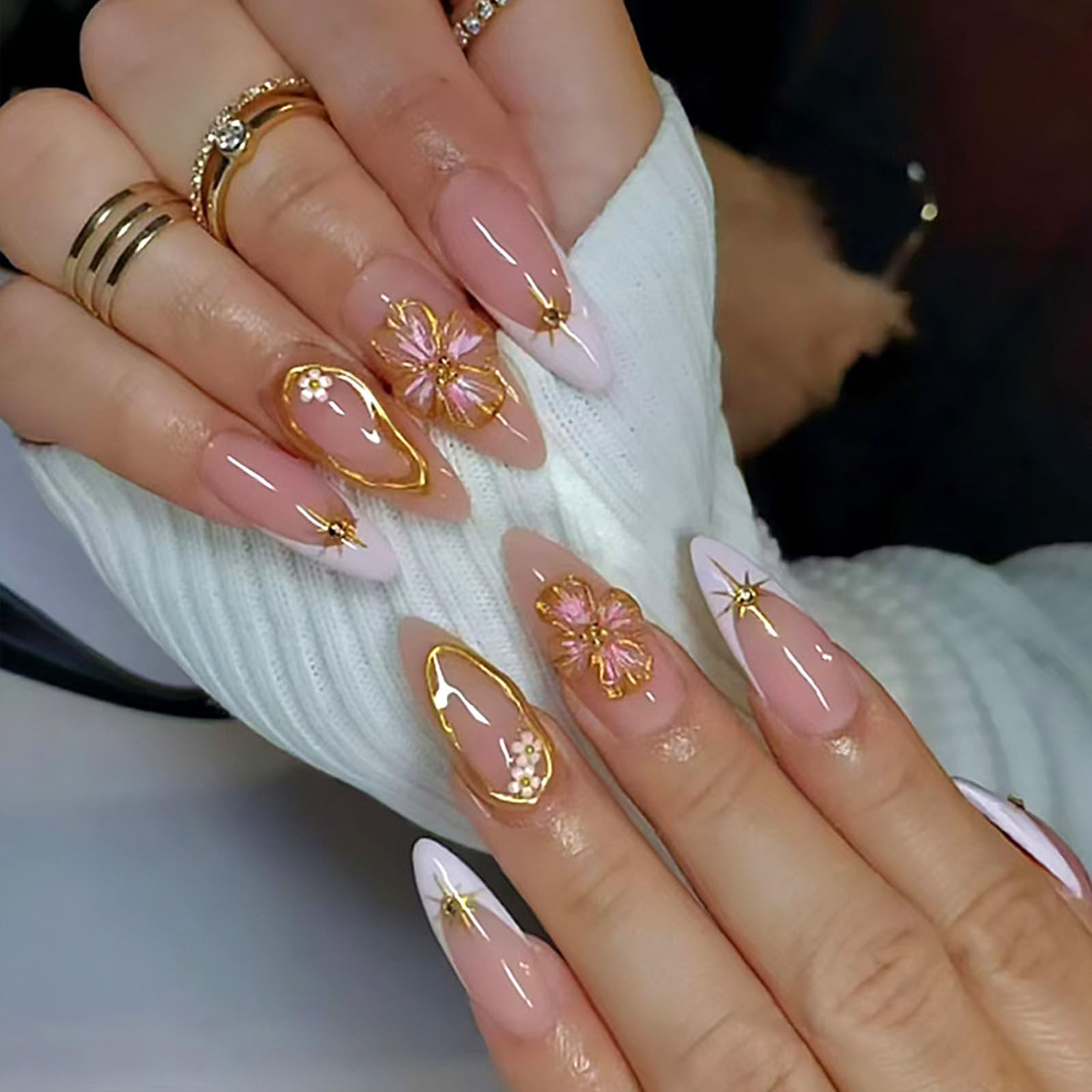 French Tip Press on Nails with Embossed Flower Designs - 24Pcs Almond Medium Fake Nails, White French False Nails, Reusable Stick on Nails, Glossy Gel Acrylic Nail Kit for Women - Perfect for Parties, Weddings, Date Nights & Special Occasions