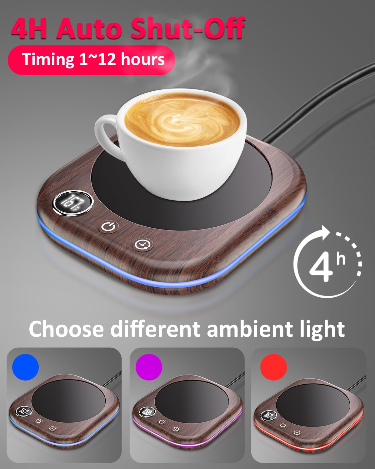 40W Smart Coffee Mug Warmer with Temperature Display & Auto Shut Off - 3 Heat Settings & 1-12H Timer - Electric Beverage Warmer for Coffee, Tea, Milk, Hot Chocolate - Perfect for Office Desk, Home Use & Gift Giving (Wood Grain Design)