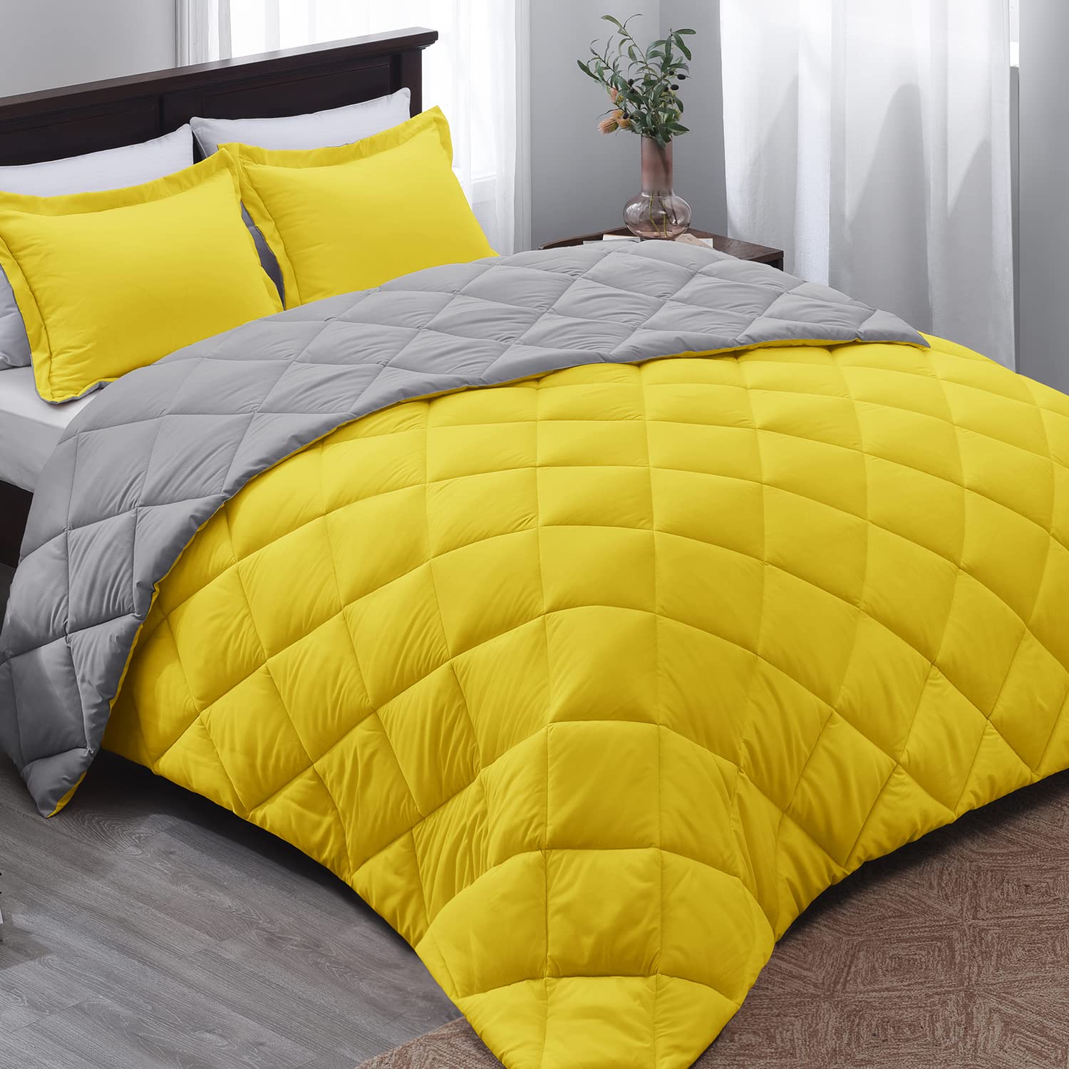 Basic Beyond King Size Comforter Set - Reversible Yellow and Gray All-Season Bedding | 104x92 Inch Comforter + 2 Pillow Shams | Soft & Breathable for Year-Round Comfort | Perfect for Master Bedroom, Guest Room or Dorm Decor