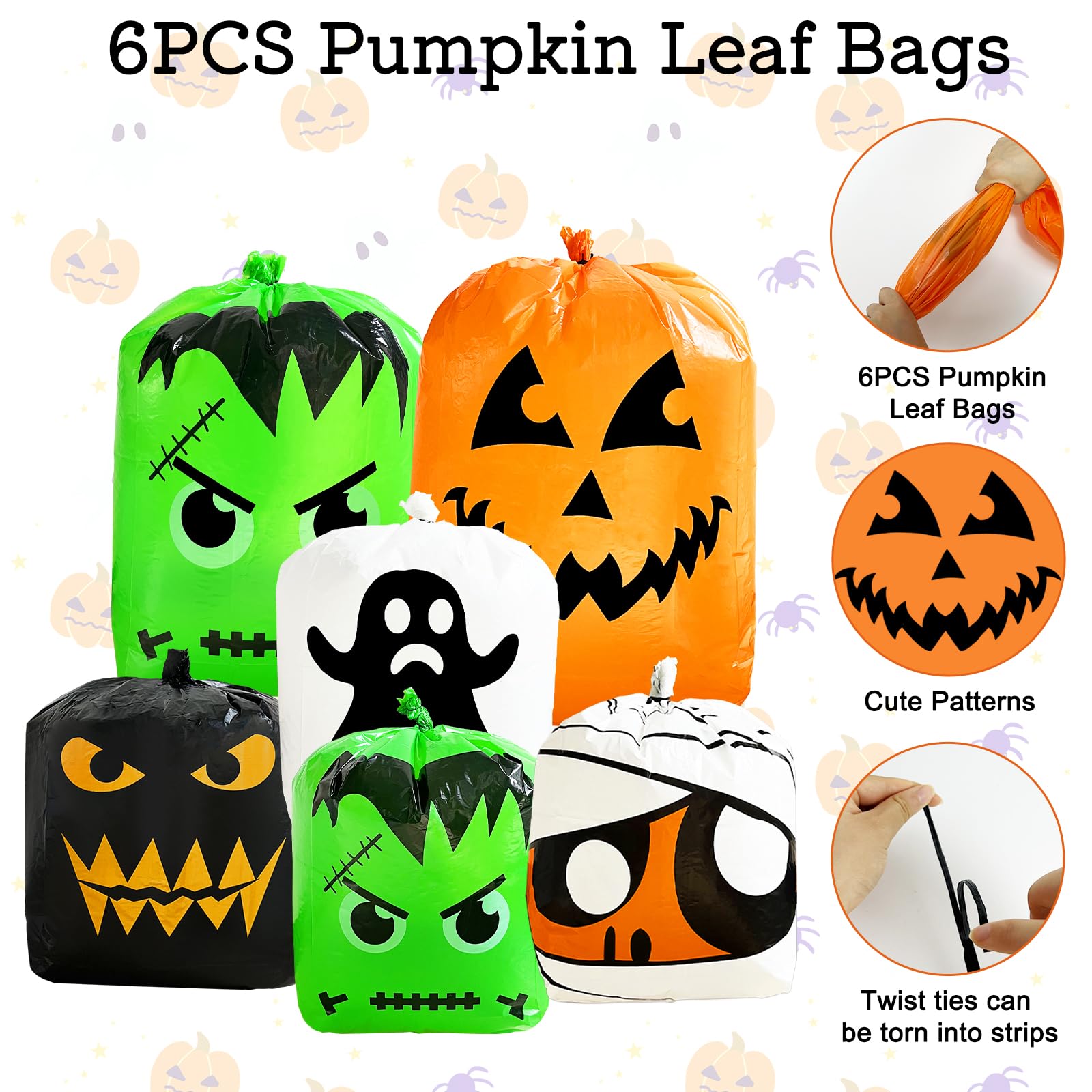 6-Piece Halloween Pumpkin Leaf Bags Set - 5 Spooky Designs for Outdoor Decor (2 Large 48x36