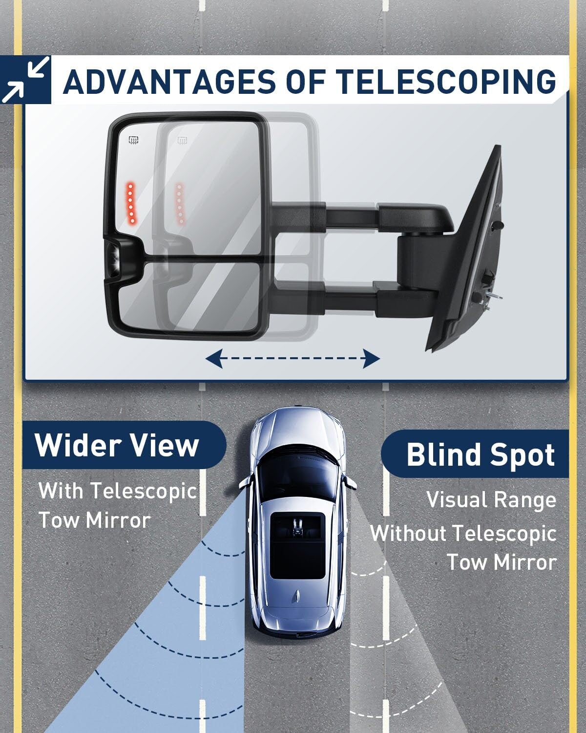 ECCPP Power Heated Towing Mirrors with Running Lights for 2008-2013 Chevy Silverado & GMC Sierra All Models - ADP11635501S - Perfect for Enhanced Visibility and Safe Towing at Night