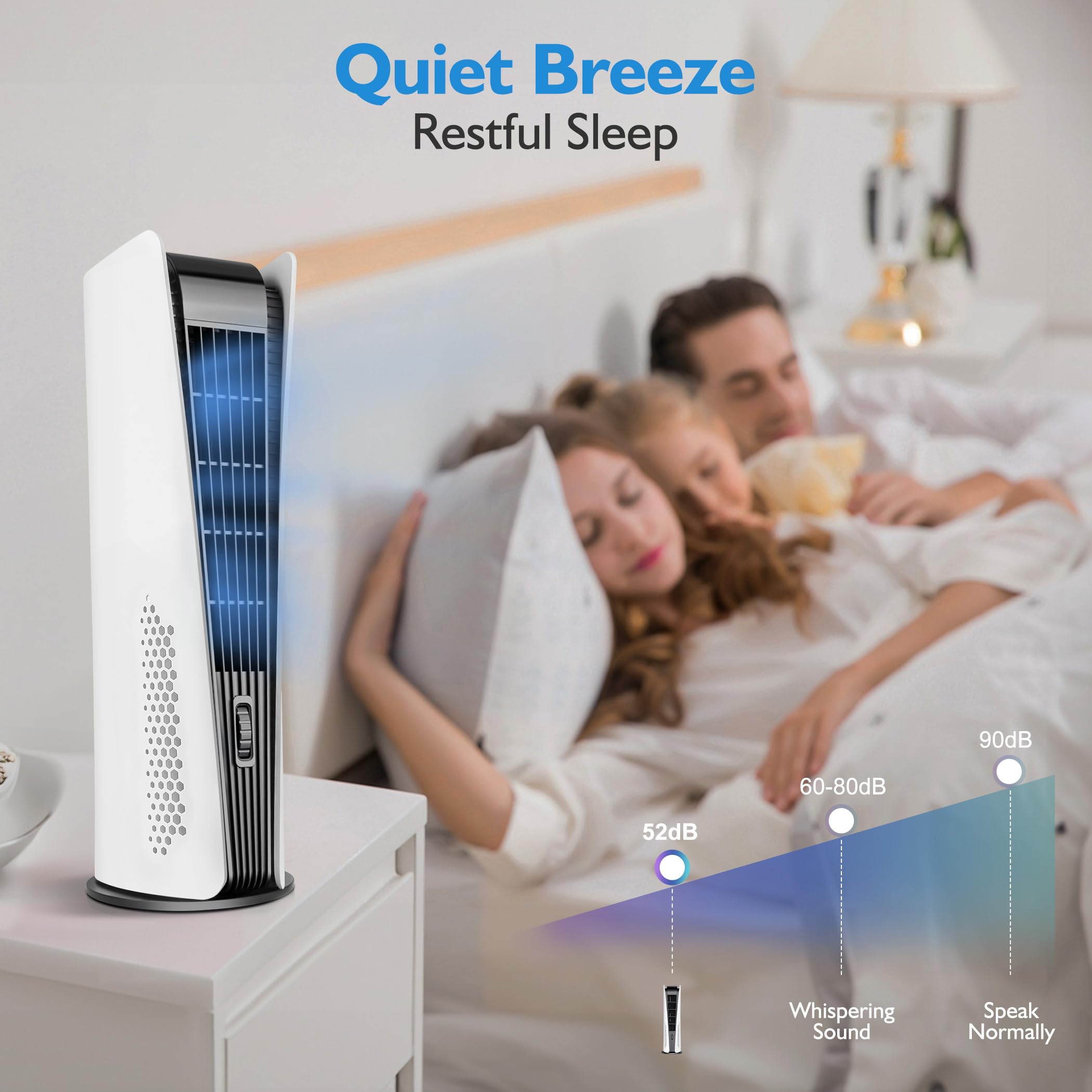Quiet 90° Oscillating Bladeless Tower Fan with 3 Speeds, Timer & LED Display - Rechargeable Portable Floor Fan for Bedroom, Home Office | Cooling Breeze for Night Sleep & Workspace Comfort