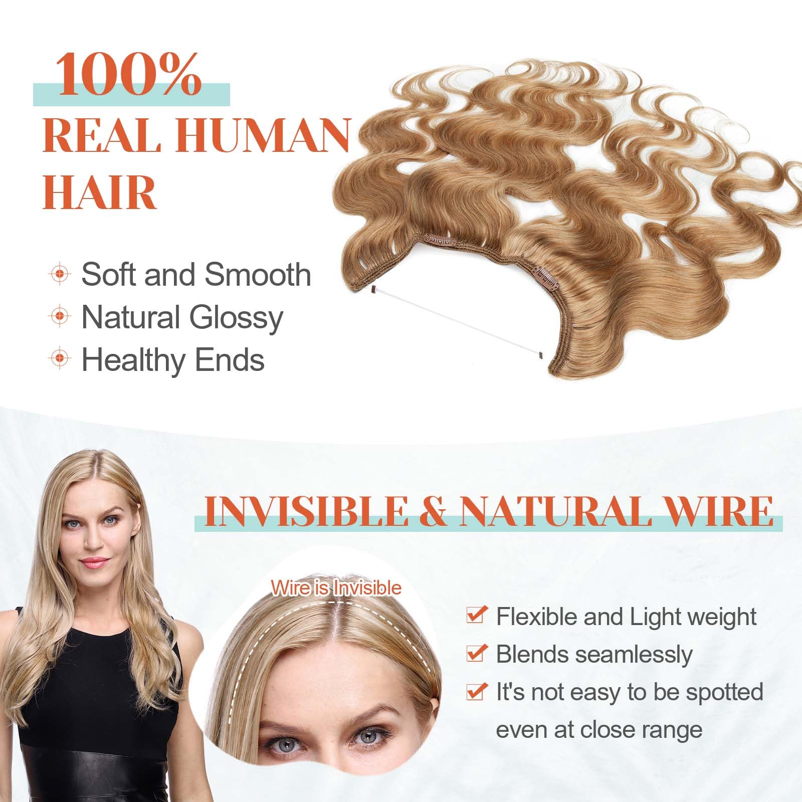 Benehair 100% Real Human Hair Halo Extensions - Blonde, Wavy, Curly Hair Extensions (70g/20inch) | Natural-Looking Wire Hair Extensions for Everyday Wear, Parties & Special Occasions