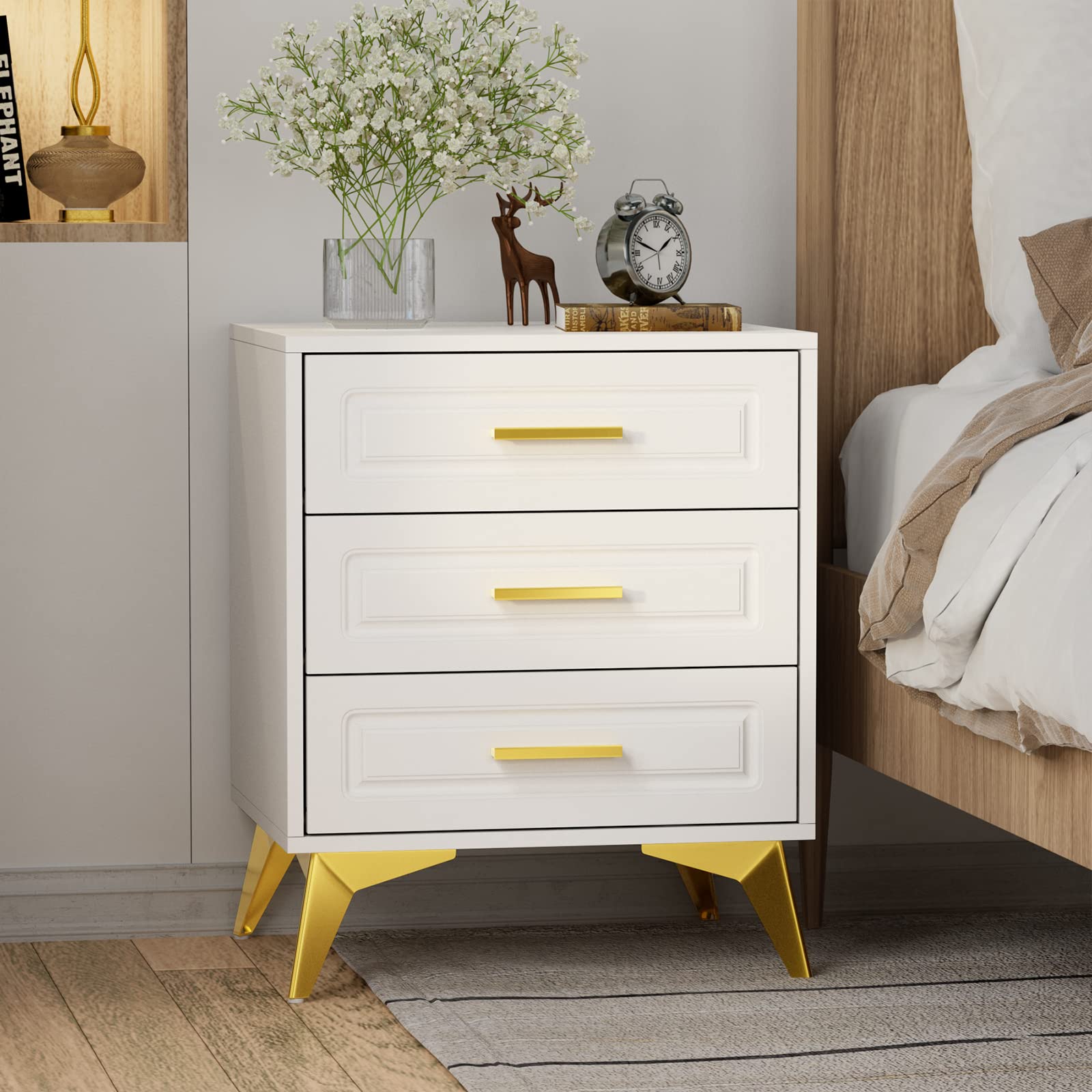 Giluta White Nightstand with 3 Drawers - Modern Bedside Table with Gold Metal Legs & Handles, Wooden End Table for Bedroom, Living Room - Perfect for Storage, Reading Lamp & Decor