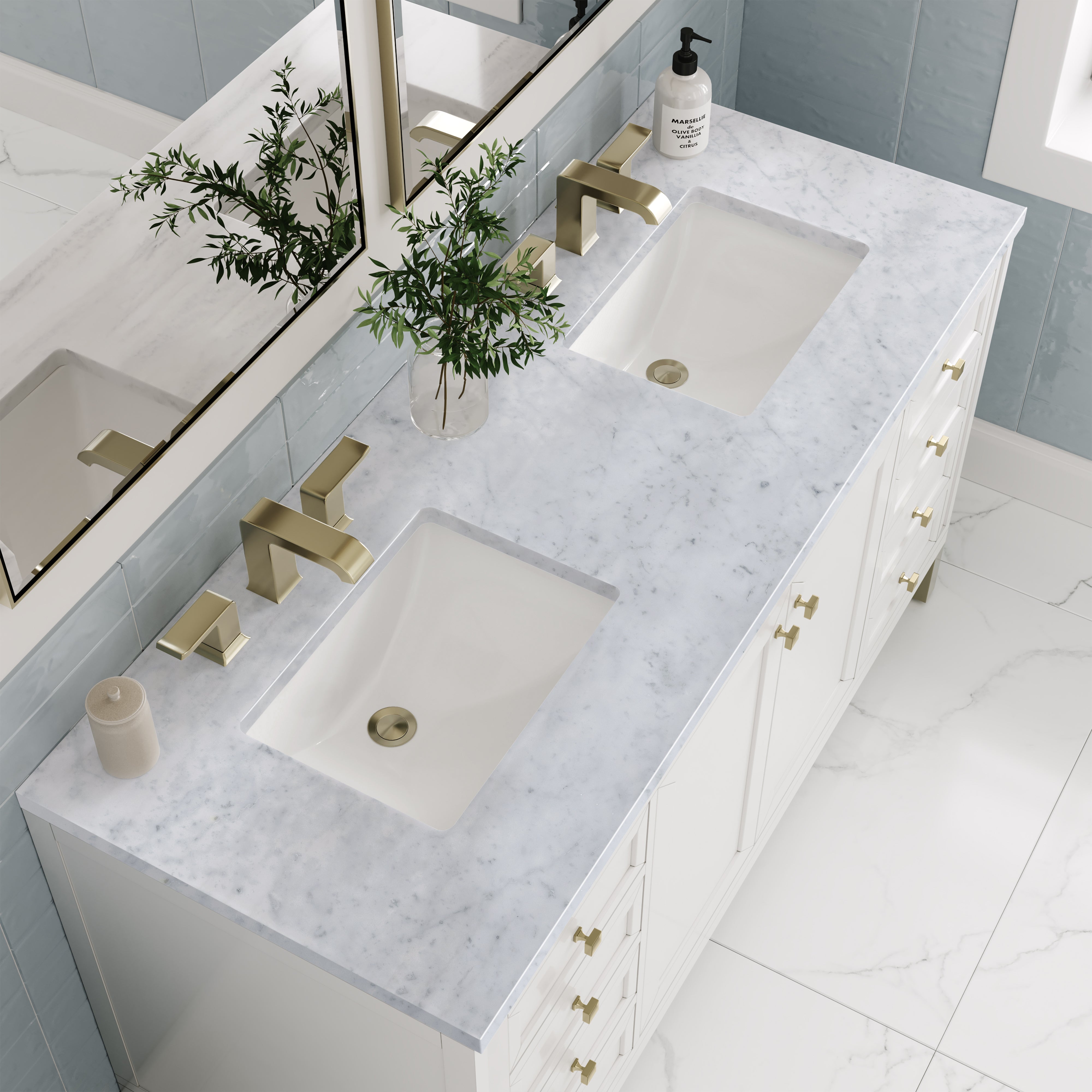 Chicago 60-Inch Double Vanity with Glossy White Finish & 3CM Carrara Marble Top - Perfect for Modern Bathroom Renovation & Luxury Home Decor