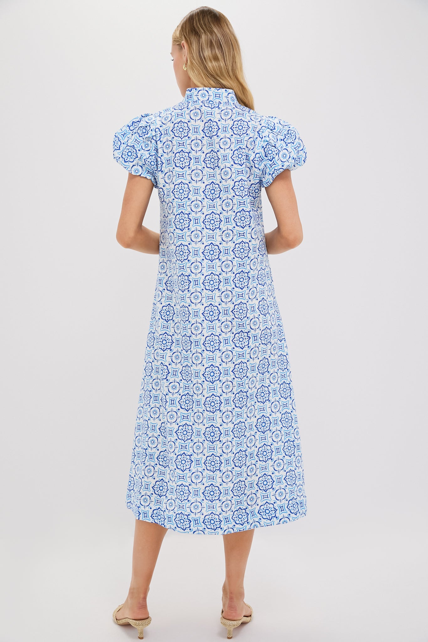 Blue Medallion Puff Sleeve Button Midi Dress - Elegant Floral Print Summer Dress for Women, Perfect for Weddings, Parties & Date Nights