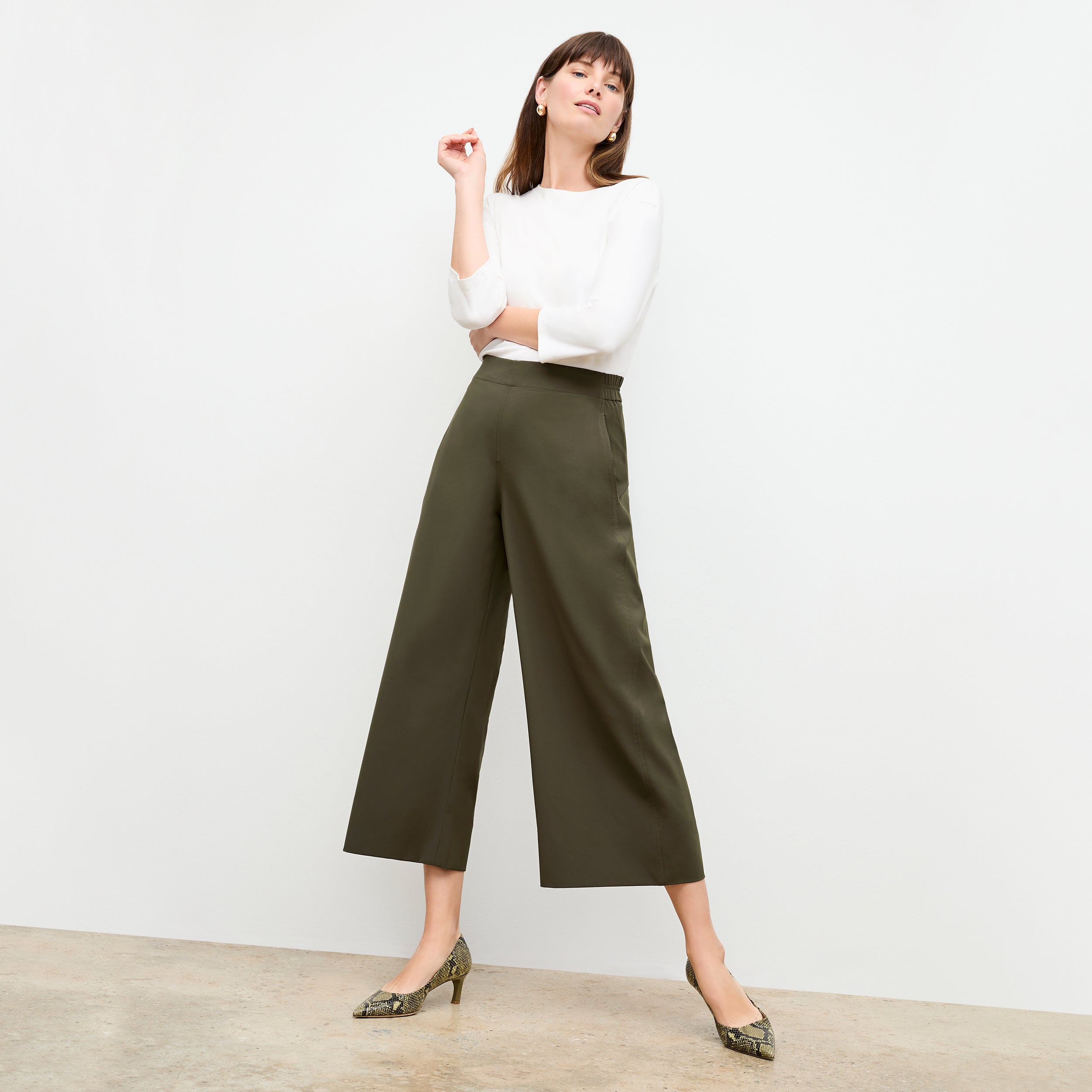 Elena Travel Culotte Pants - OrigamiTech Olive Green Wrinkle-Free Stretchable for Women | Perfect for Airplane, Office & Casual Wear
