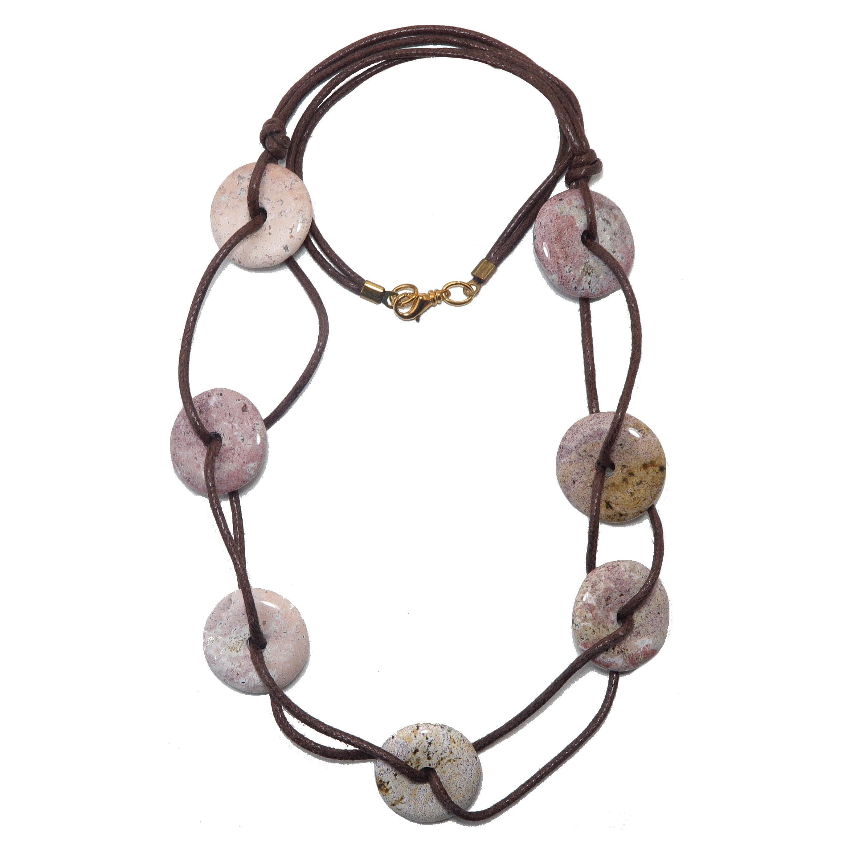 Pink Jasper Necklace with Donut Stones & Brown Cord - Healing Crystal Jewelry for Women, Boho Style Chakra Pendant for Meditation, Yoga & Spiritual Gifts