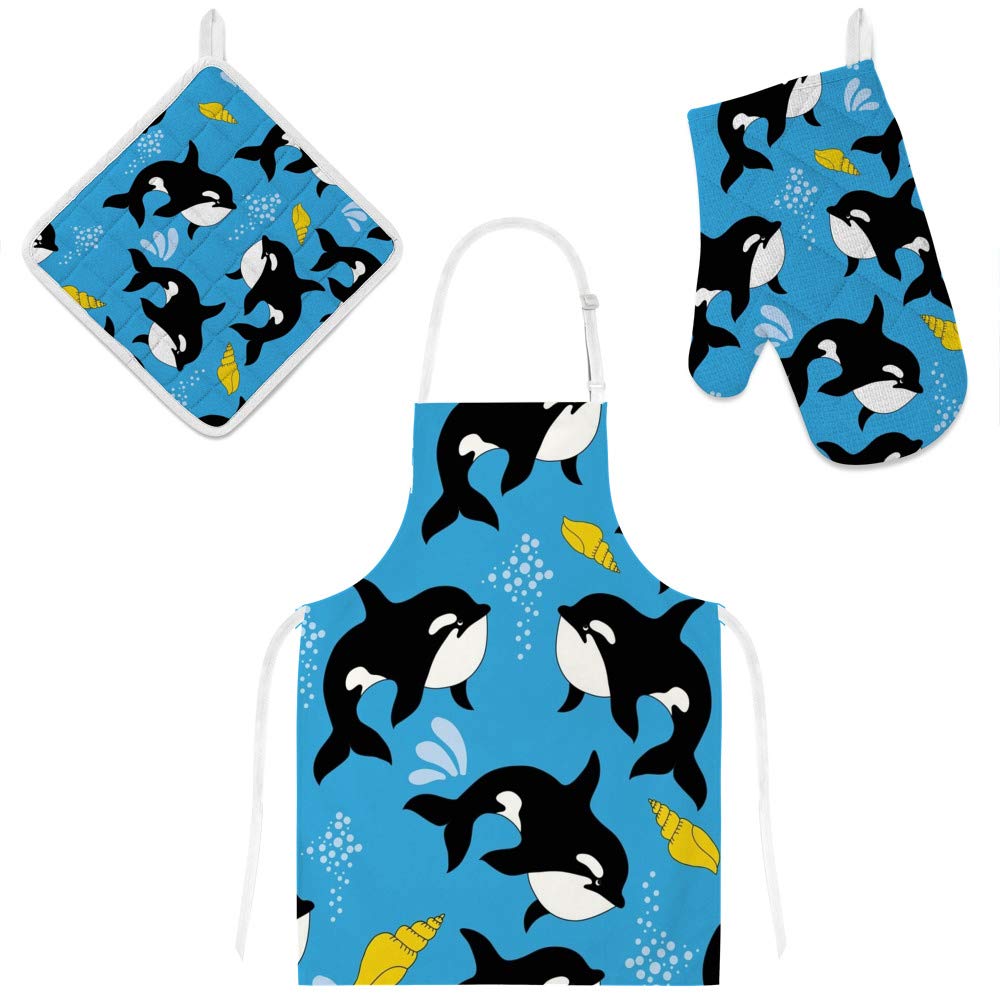 Cute Ocean Sea Dolphin Apron with Glove Oven Mitt Pot Holder Set - Kitchen Cooking Baking BBQ Accessories for Women & Men
