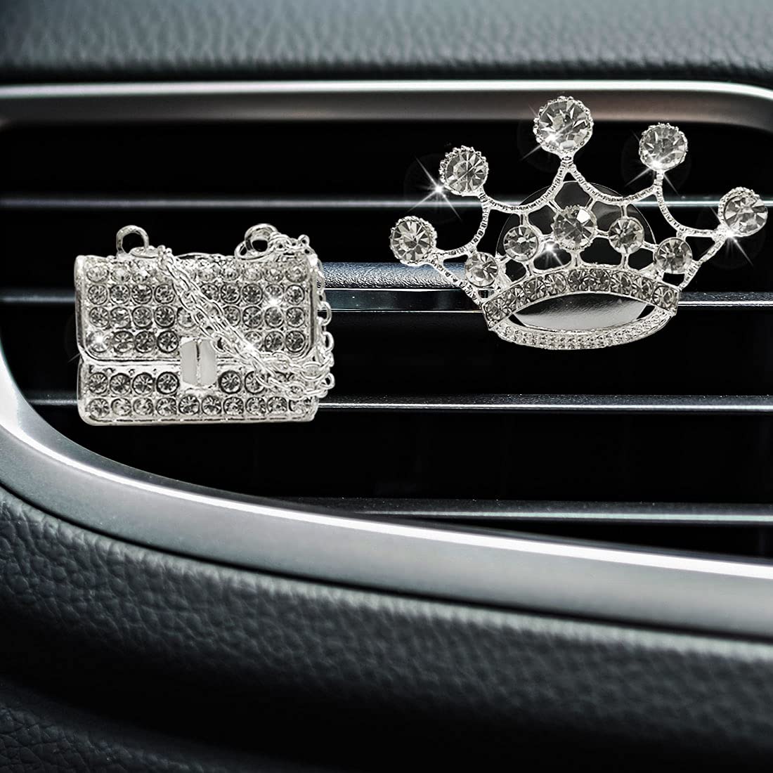 Sparkly Rhinestone Car Vent Clip Charm - Crystal Fashion Crown & Magic Bag Car Accessory, Bling Bling Car Interior Decor for Girls - Perfect for Adding Glam to Your Car or Gift Giving
