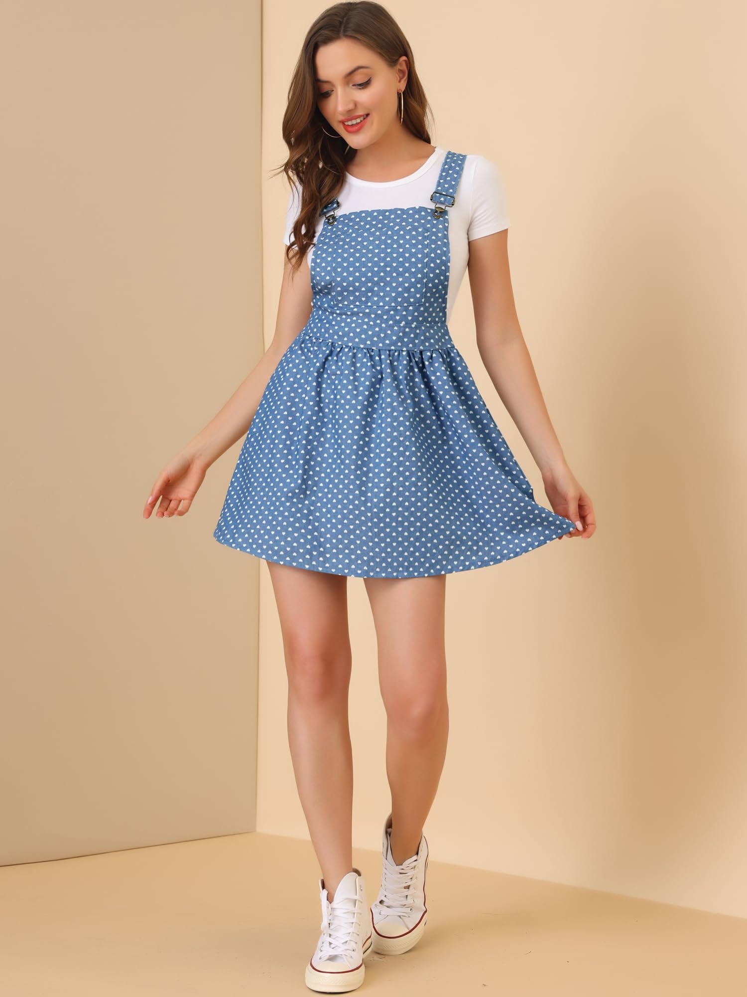 Allegra K Women's Printed Chambray Pinafore Dress with Adjustable Straps - Stylish Mini Overalls for Casual Outings, Date Nights & Summer Fashion