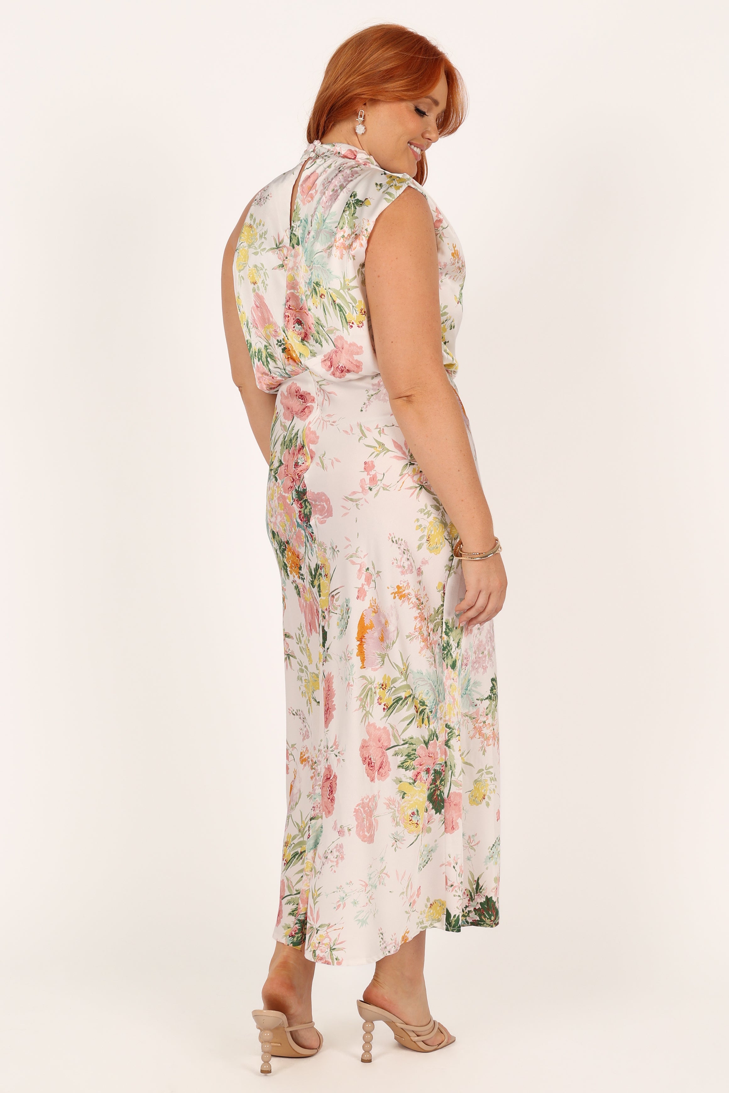Anabelle Halter Neck Midi Dress - White Floral Print Summer Dress for Women | Beach Wedding, Vacation, Party Outfit