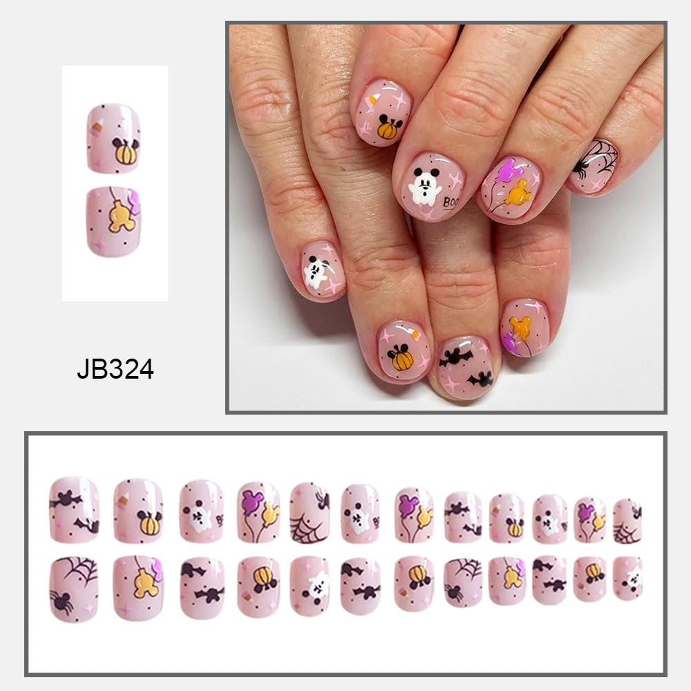 24Pcs Halloween Press on Nails - Short Ghost Pumpkin Fake Nails with Balloon Bat Design, Square Glossy Full Cover Nail Tips with Glue - Acrylic Nail Kits for Women and Girls - Perfect for Halloween Parties, Costume Events and Spooky Nail Art