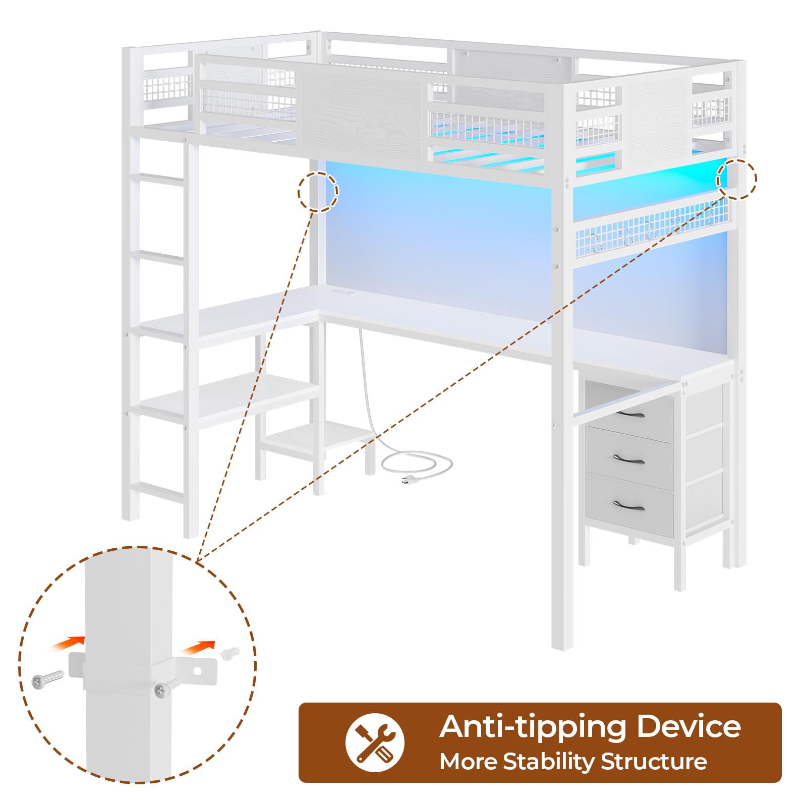 Twin Loft Bed with L-Shaped Desk & LED Lights - Metal Twin Size Bed Frame with Charging Station, 3 Fabric Drawers & 2-Tier Storage Shelves - Safety Guard & Ladder Included - No Box Spring Needed - Perfect for Small Bedrooms, Dorm Rooms & Kids' Rooms