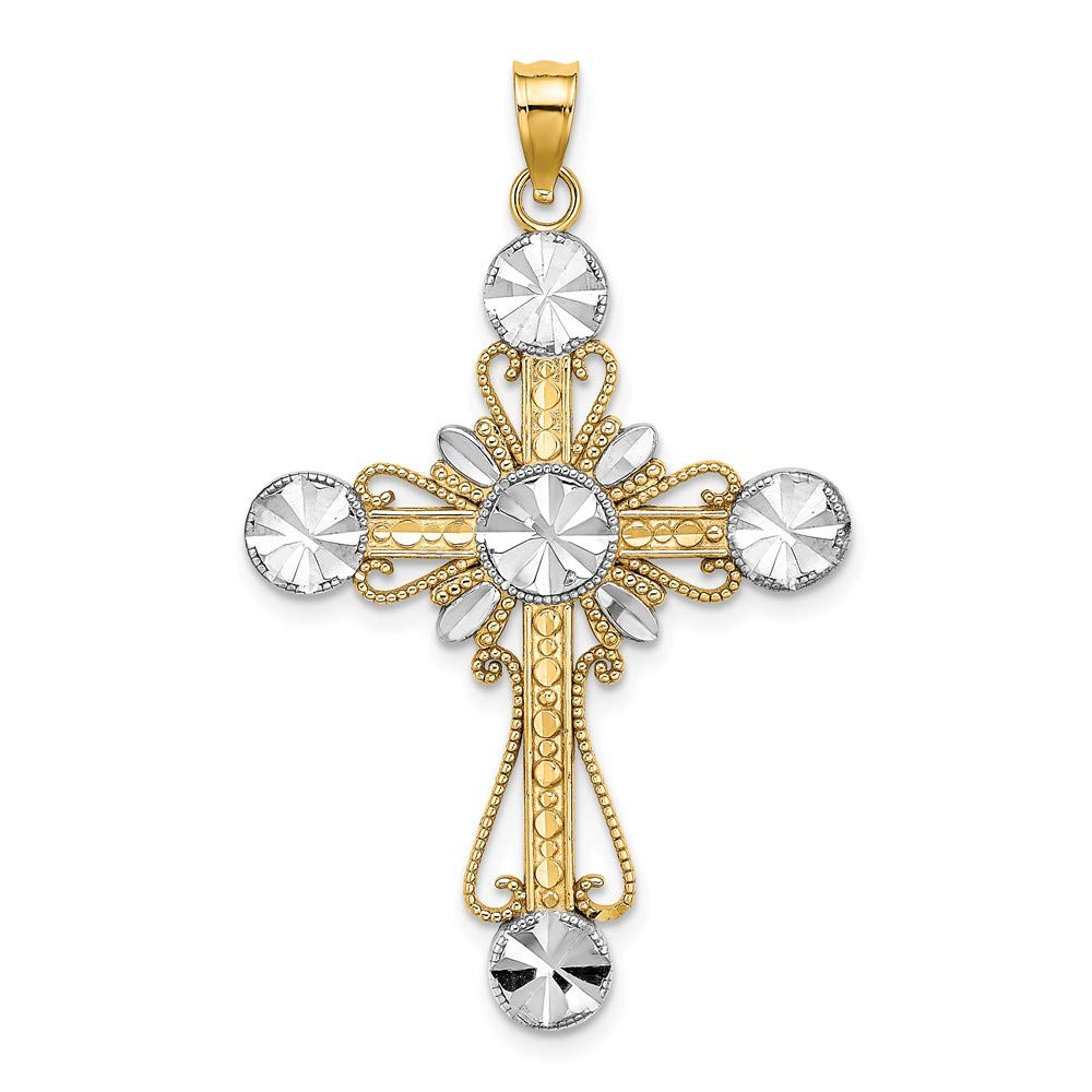 14K Yellow Gold Rhodium Cross Pendant with White Diamond-Cut Circle Tips - Elegant Religious Jewelry for Women - Perfect for Church, Weddings & Special Occasions