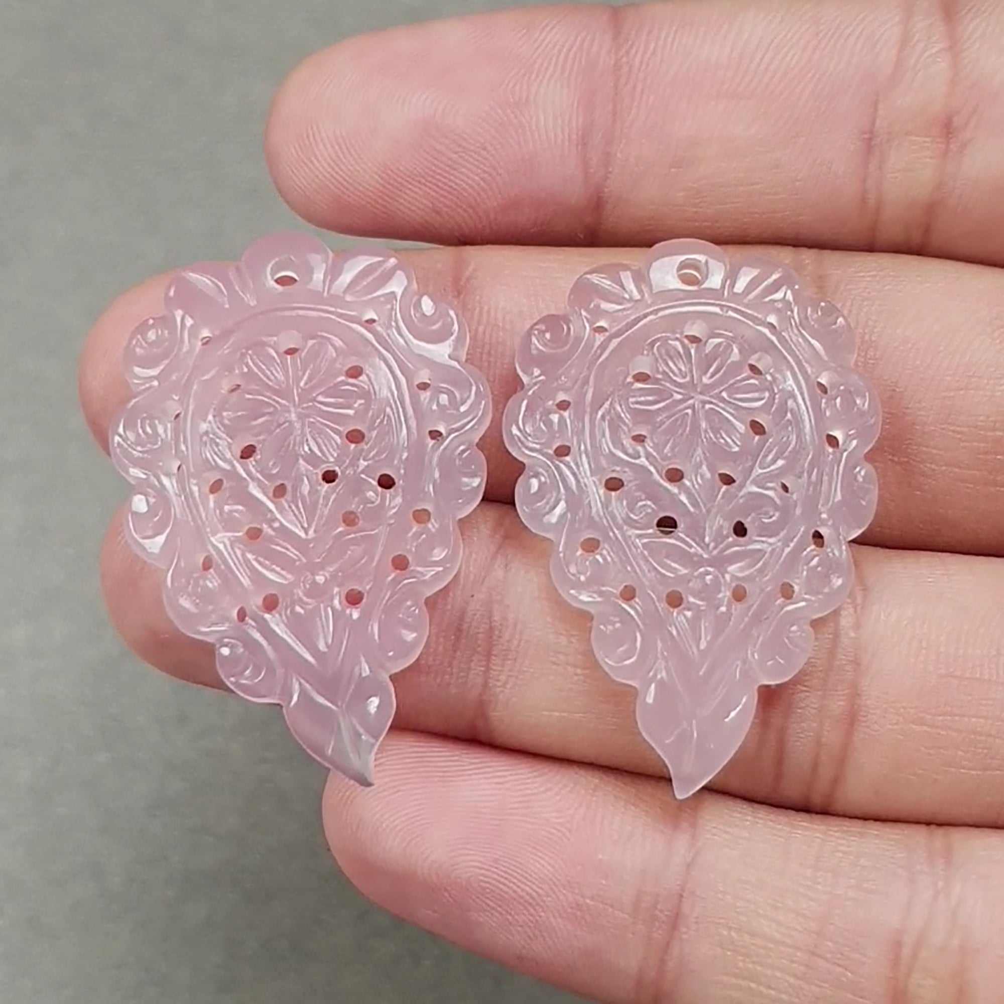 Natural Pink Chalcedony Gemstone Carving - 50.60cts Untreated Hand-Carved Indian Leaf Design (37x25mm) Pair for Jewelry Making, Meditation & Spiritual Healing | Perfect for Necklaces, Bracelets & Home Decor