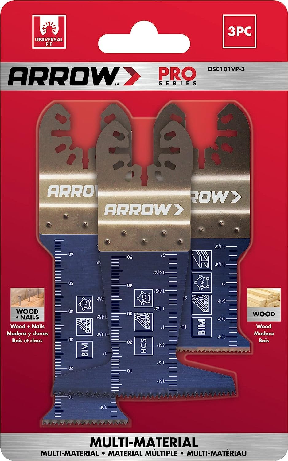 Arrow OSC101VP-3 Multi-Material Oscillating Tool Blades - 3-Pack for Cutting Copper Pipe, Wood, PVC, Drywall - Universal Fit for Most Oscillating Multi-Tools (1 ¼