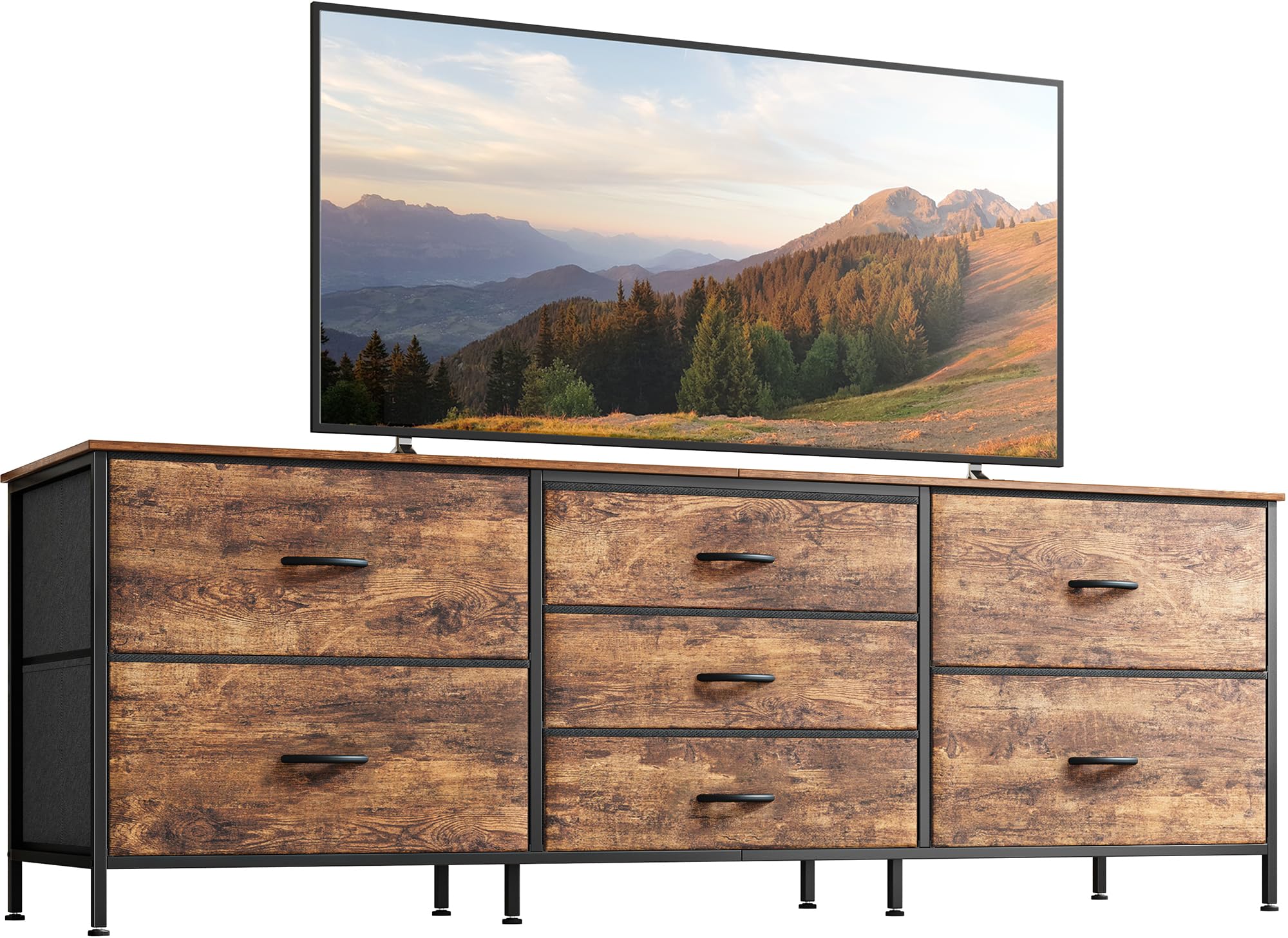 Huuger 63 Inch Dresser TV Stand with 7 Drawers - Rustic Brown Fabric Storage Dresser for Bedroom, Closet & Living Room | Holds 55, 65, 70 Inch TVs | Perfect for Organizing Clothes, Electronics & Home Decor