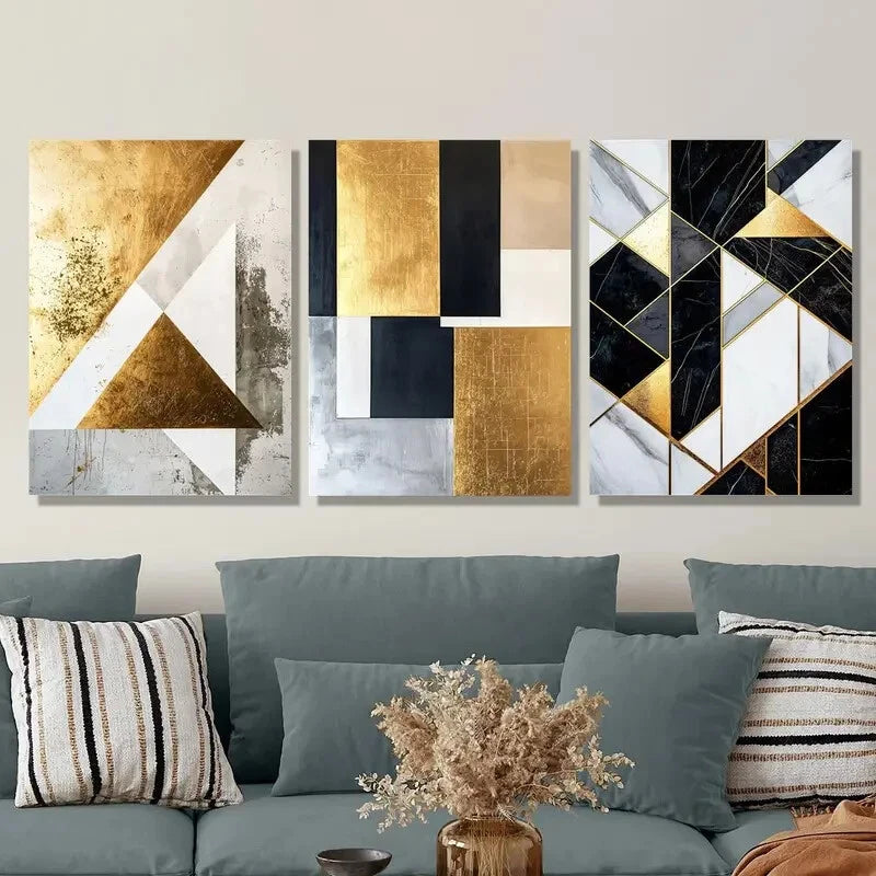 3-Piece Abstract Black & Gold Marble Metal Wall Art - Ready to Hang Modern Home Decor for Living Room, Bedroom & Office