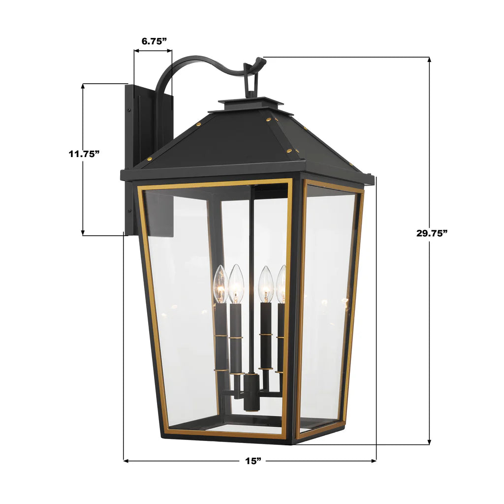 Hawkins 4-Light Outdoor Wall Sconce - 15x29.75 Inch Stainless Steel & Glass Matte Black Fixture with Textured Gold Finish - 120V E12 Candelabra Base LED Bulb Sockets - Perfect for Patio Lighting, Garden Decor, and Exterior Wall Illumination