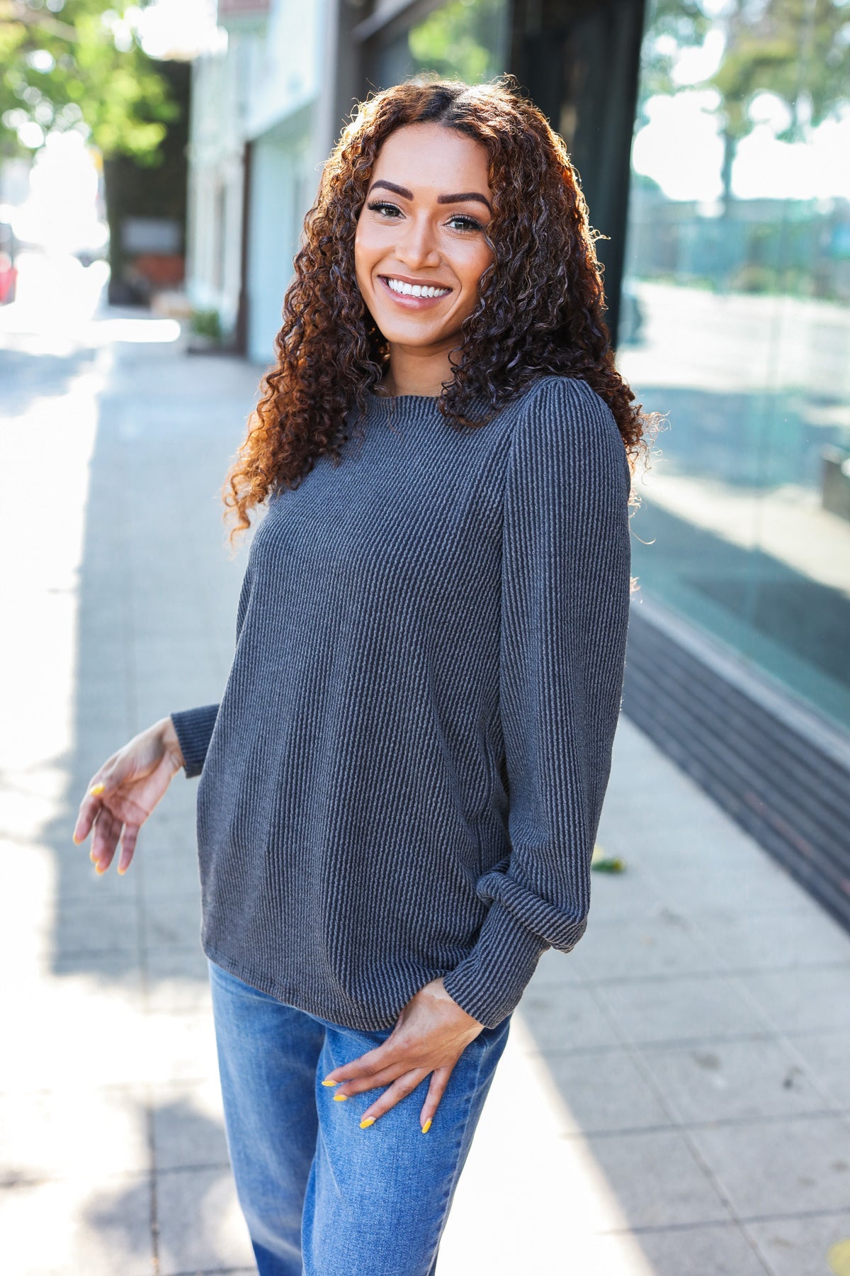 Everyday Charcoal Rib Mineral Wash Long Sleeve Top for Women | Soft Comfortable Casual Shirt | Perfect for Work, Weekend & Layering