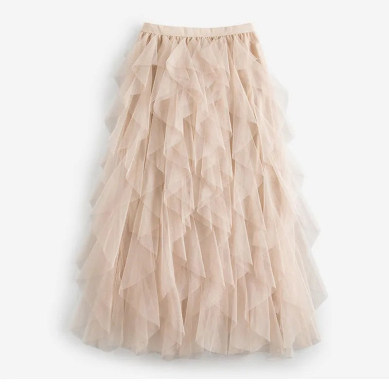 Women's Asymmetrical Mesh Skirt - High Waist Ankle Length Korean Fashion Skirt for Elegant Outfits | Perfect for Casual Wear, Office Attire & Special Occasions
