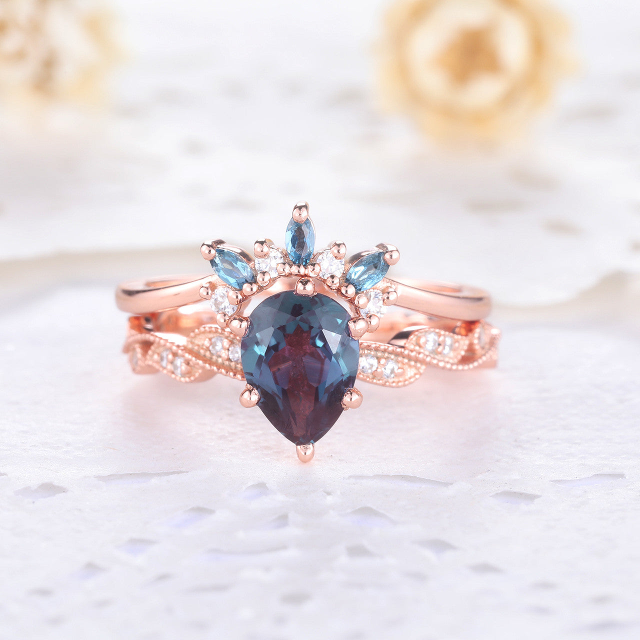 Exquisite Floral Alexandrite Diamond Engagement Ring Set in Rose Gold with Color Changing Stone | Perfect for Wedding, Proposal & Anniversary Gifts