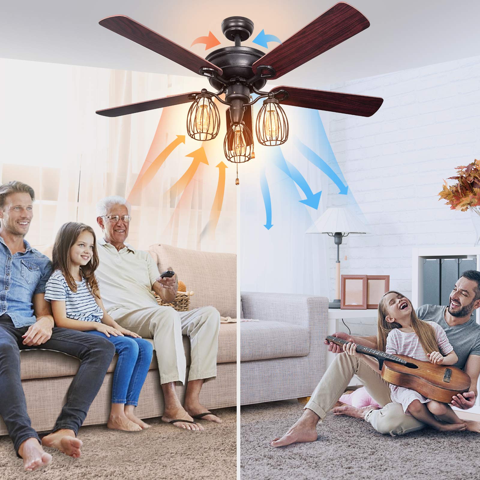 Tangkula 52-Inch Industrial Ceiling Fan with 5 Iron Blades & 3 Cage Lights - Quiet Reversible Motor, 3-Speed Pull Chain Control - Farmhouse Style for Living Room, Bedroom, Kitchen, or Outdoor Patio