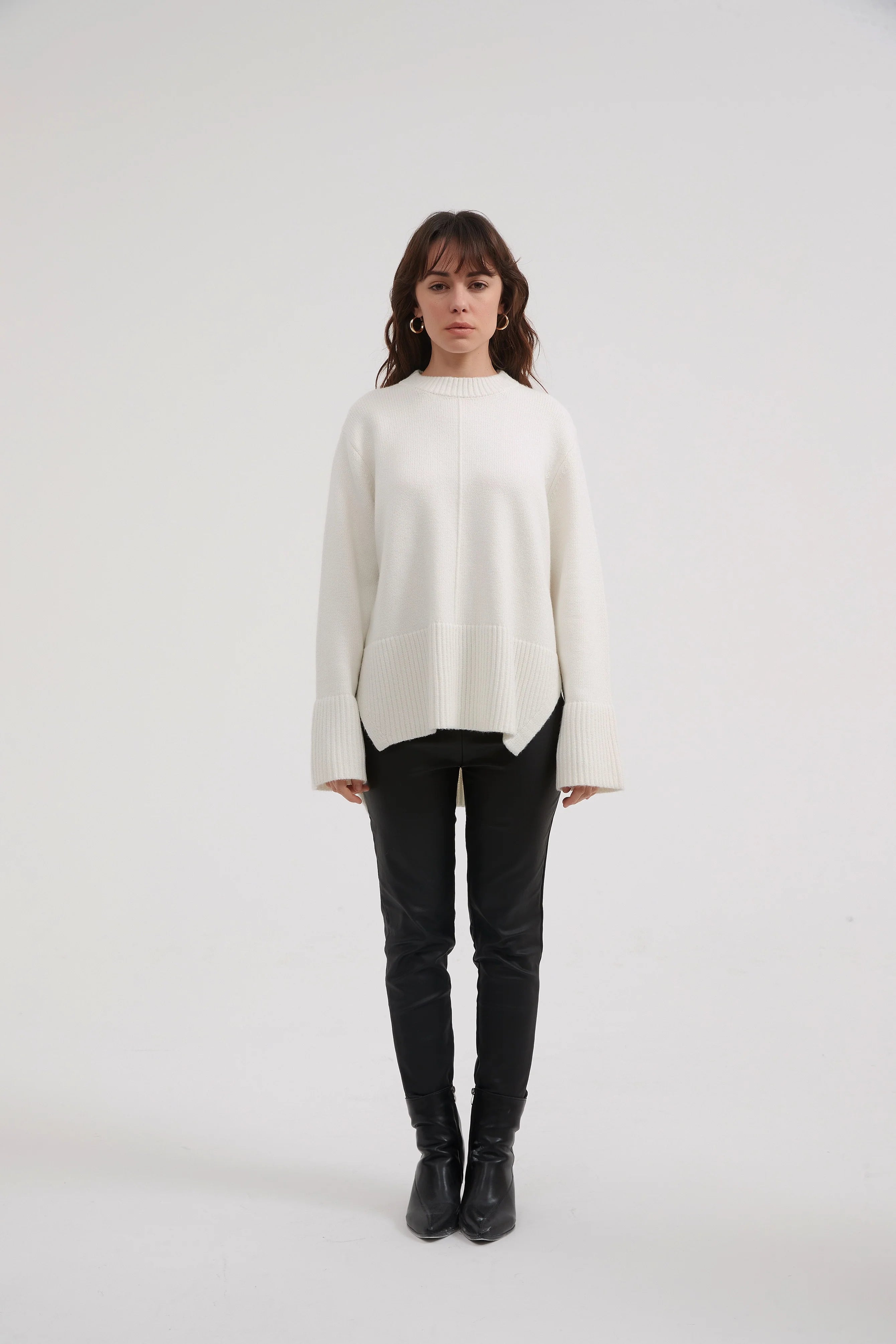 Deep Split Knit Ivory Sweater - Women's Elegant Loose Fit Pullover for Casual & Office Wear | Perfect for Fall & Winter Outfits