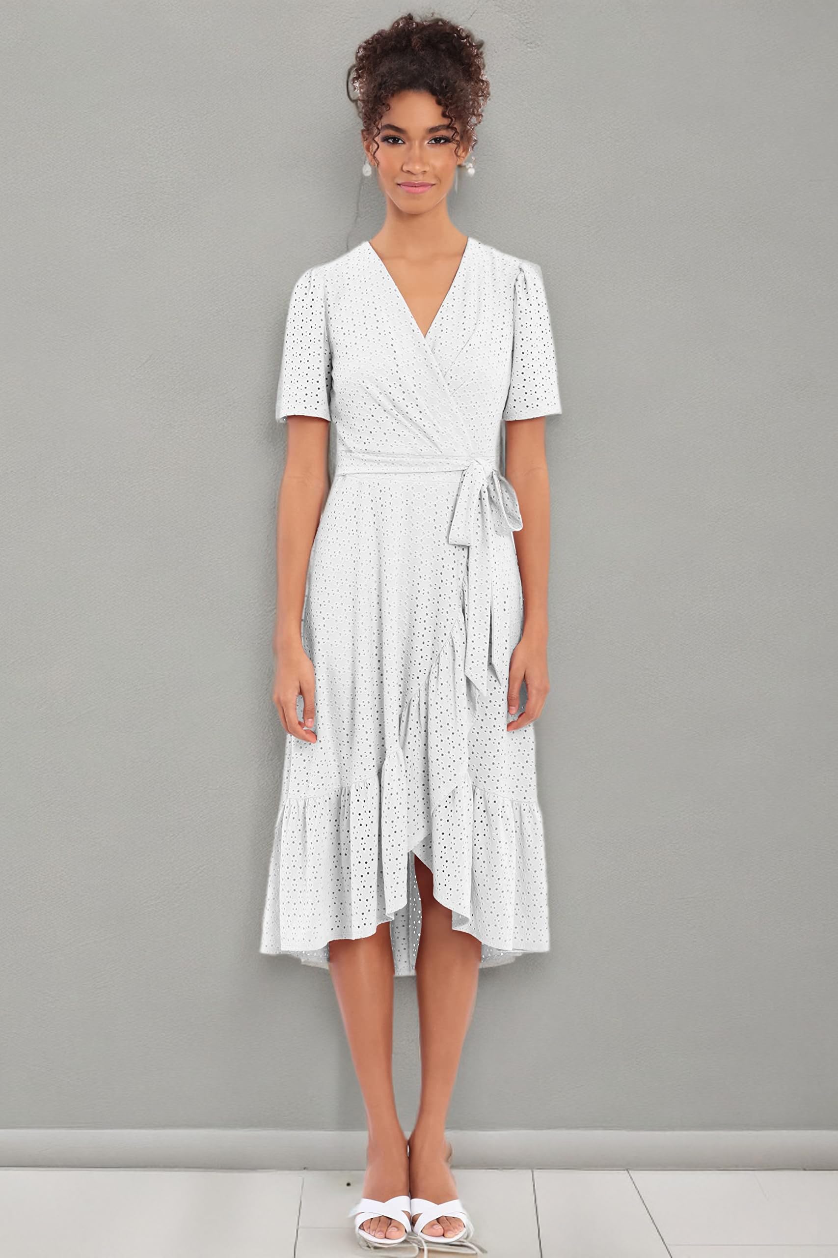 London Times Women's Short Sleeve Ruffle Wrap Dress - Flowy Summer Dress for Casual Outings, Beach Cover Up & Date Night Outfits